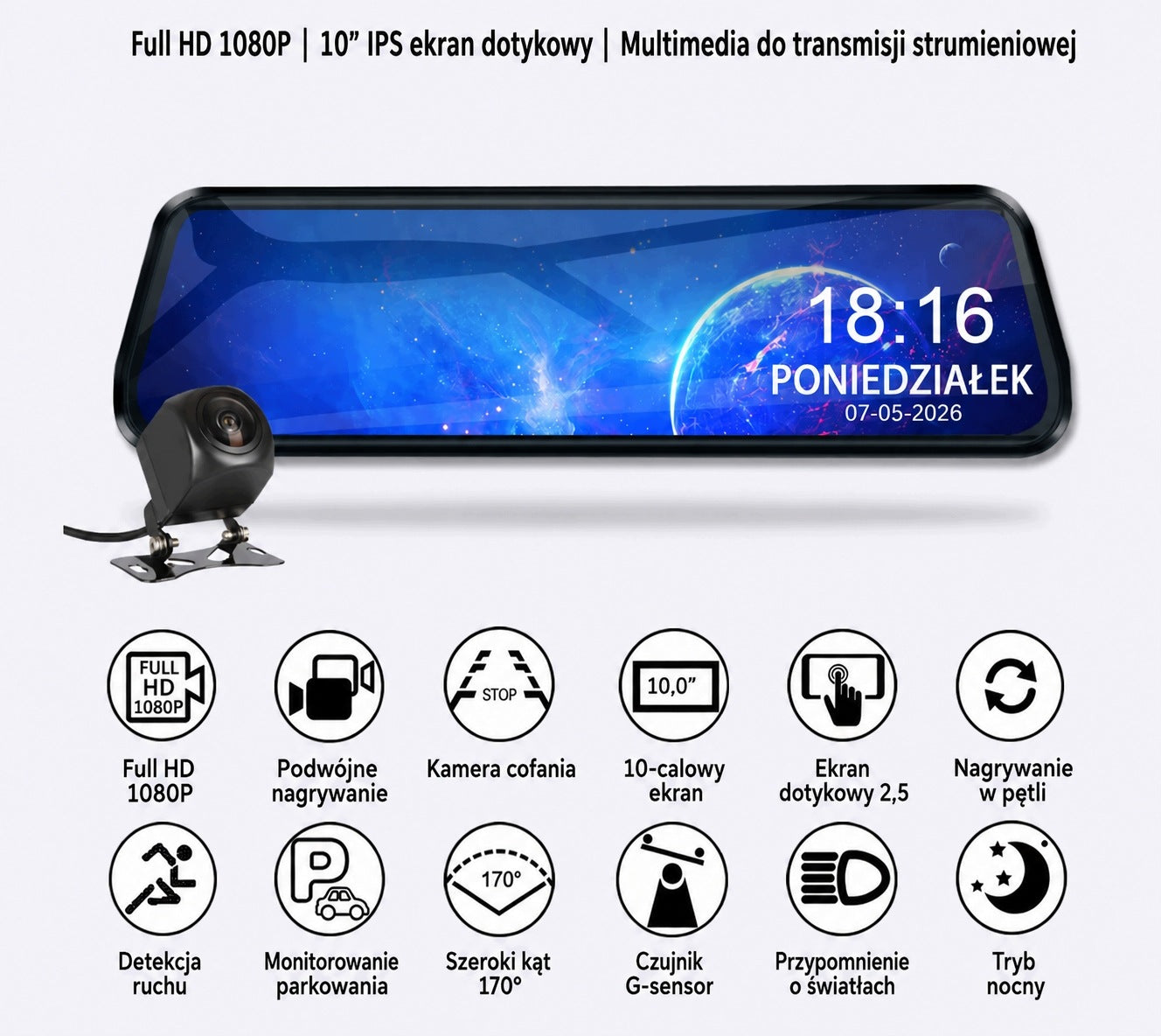 Car Video Recorder Mirror 10'' Full HD Front+Rear Reversing Camera Packaging status original