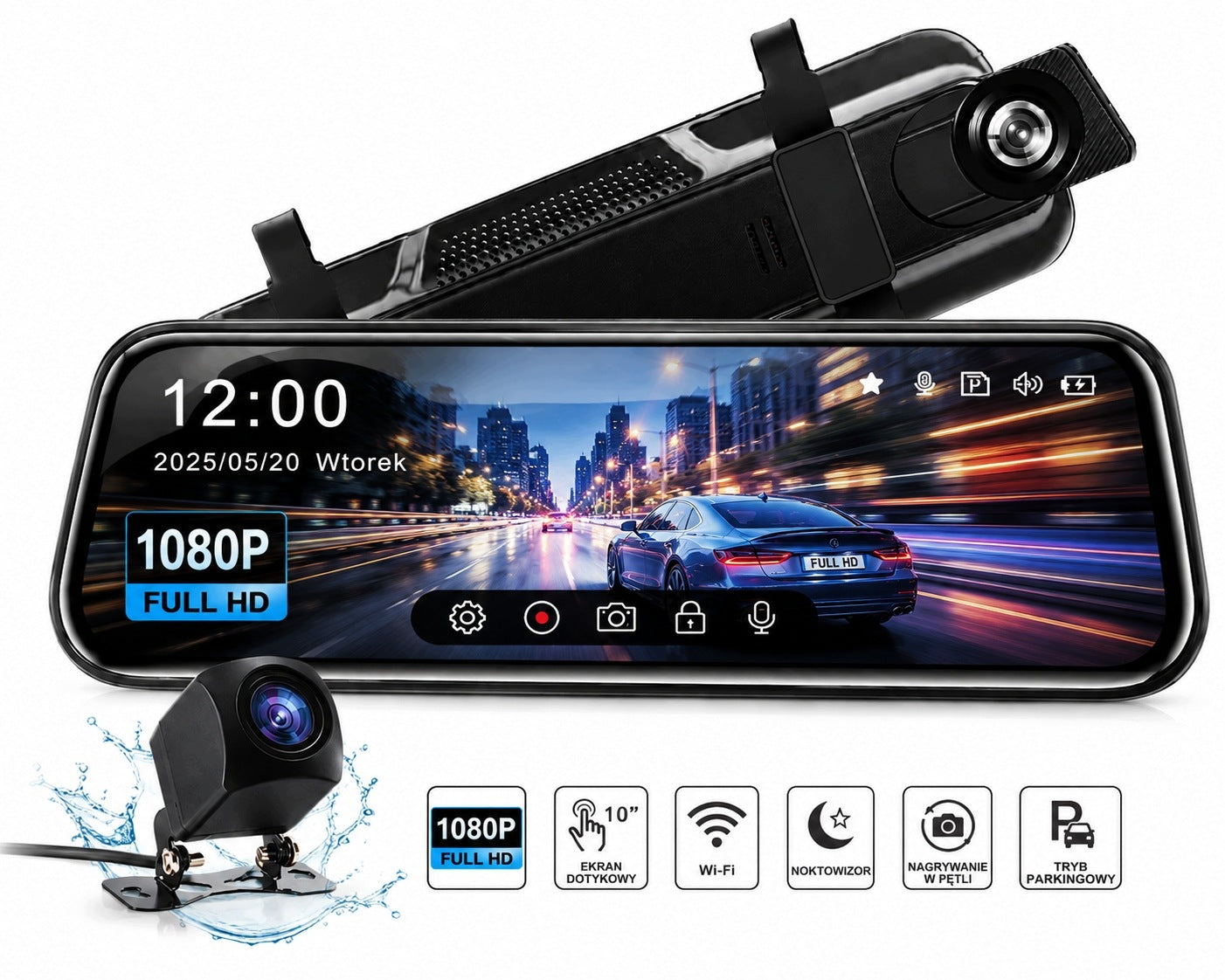 Car Video Recorder Mirror 10'' Full HD Front+Rear Reversing Camera