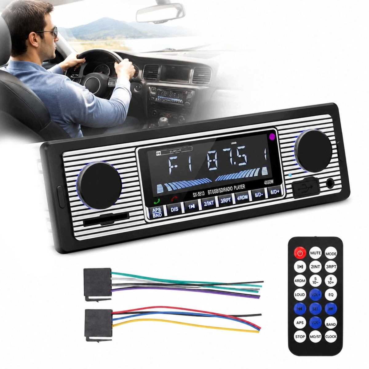 Car radio SX-5513 4x55W – Bluetooth, AUX, USB, SD, retro