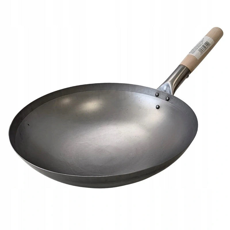 Carbon Steel Wok Steel Pan with Wooden Handle 38 cm