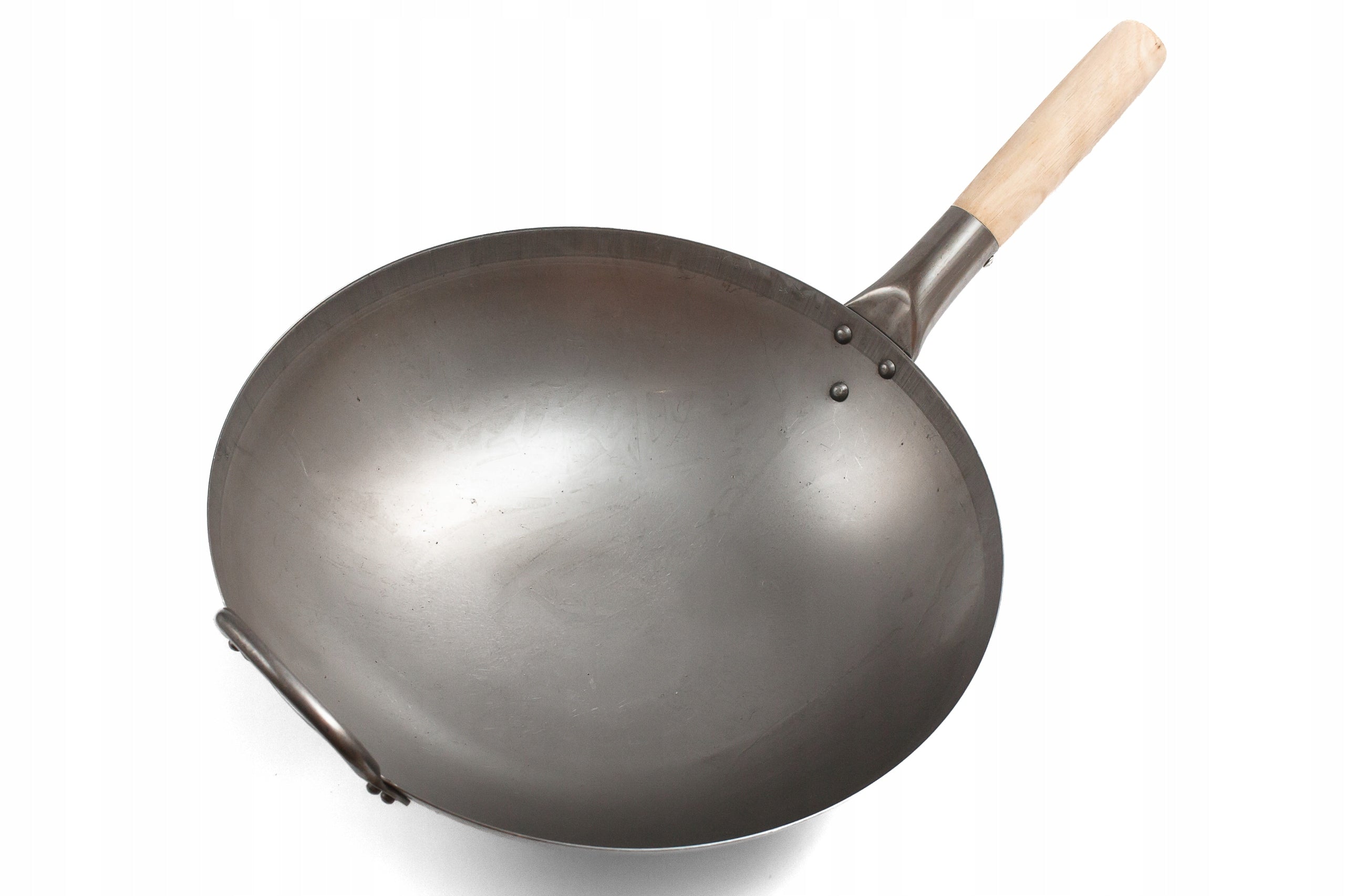 Carbon steel wok with round bottom 35 cm wooden handle