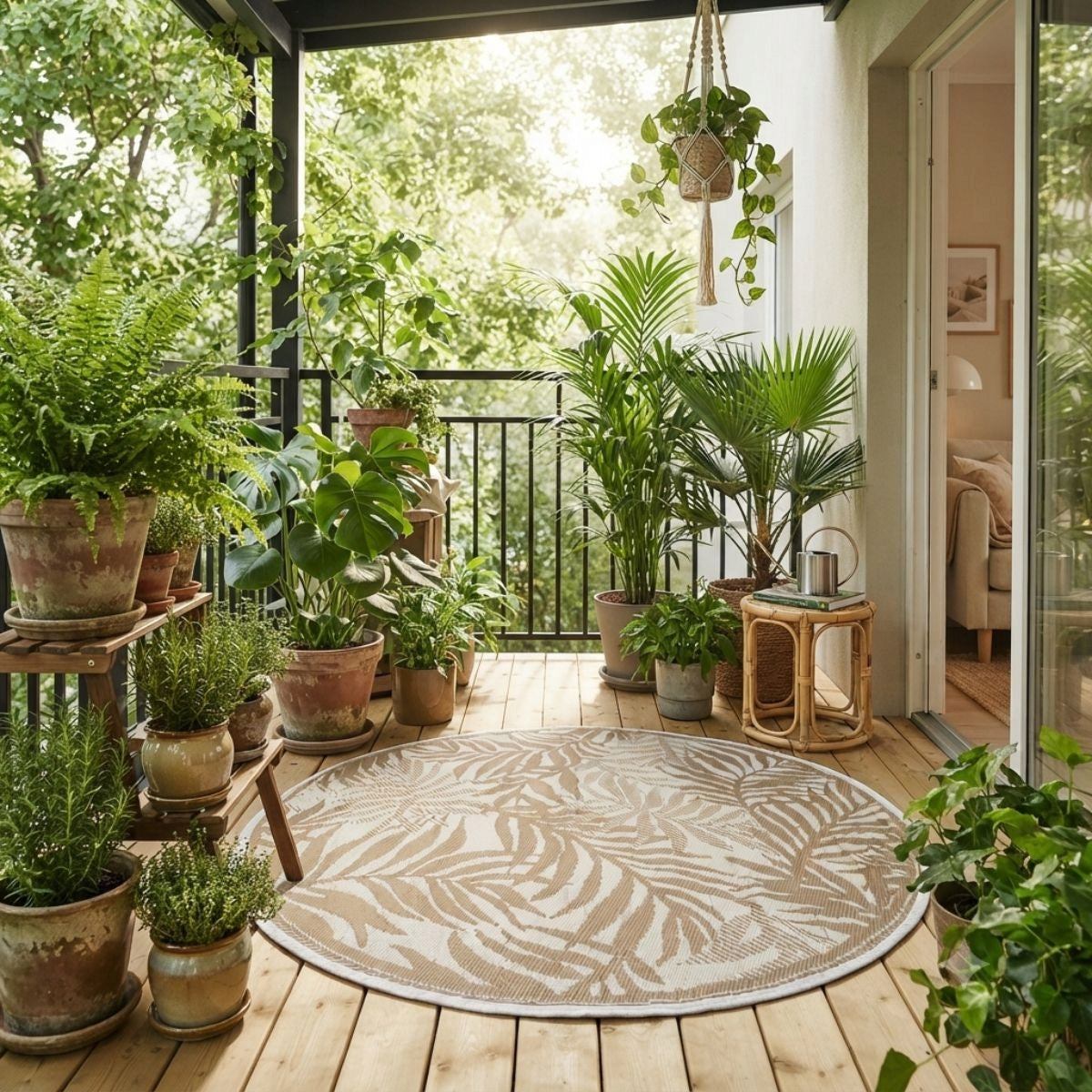 Carpet for BALCONY terrace for kitchen LARGE ROUND beige BOHO leaves WATERPROOF Manufacturer code HILE-ES-17