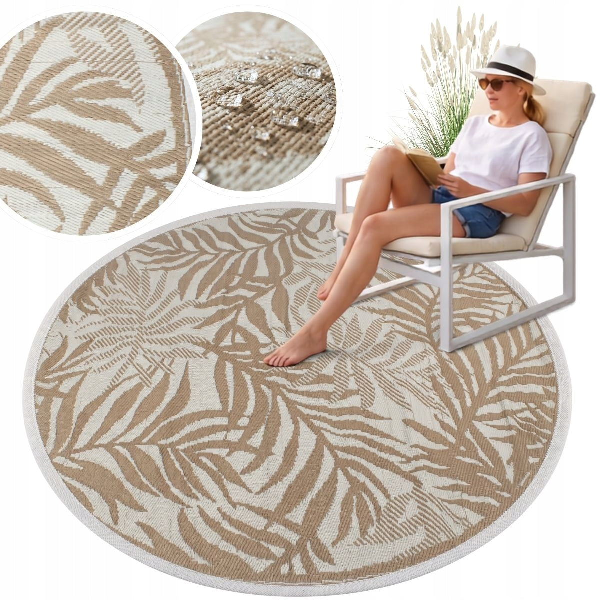 Carpet for BALCONY terrace for kitchen LARGE ROUND beige BOHO leaves WATERPROOF