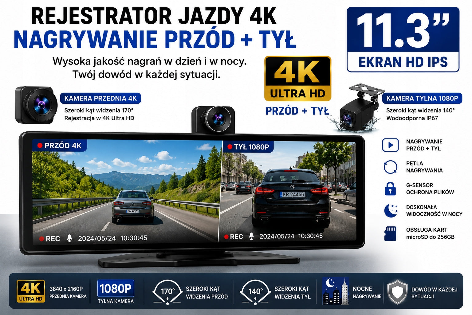 Carplay Android Auto 11,3" 4K Reversing Camera Driving Recorder DVR WiFi IPS Manufacturer code Ekran Carplay android auto