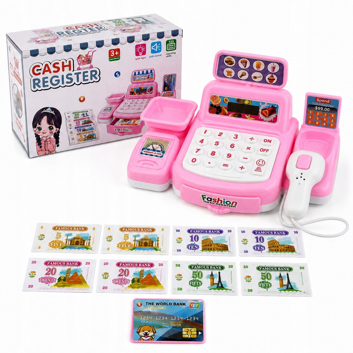 Cash register shop for children scanner light sound card money 3+