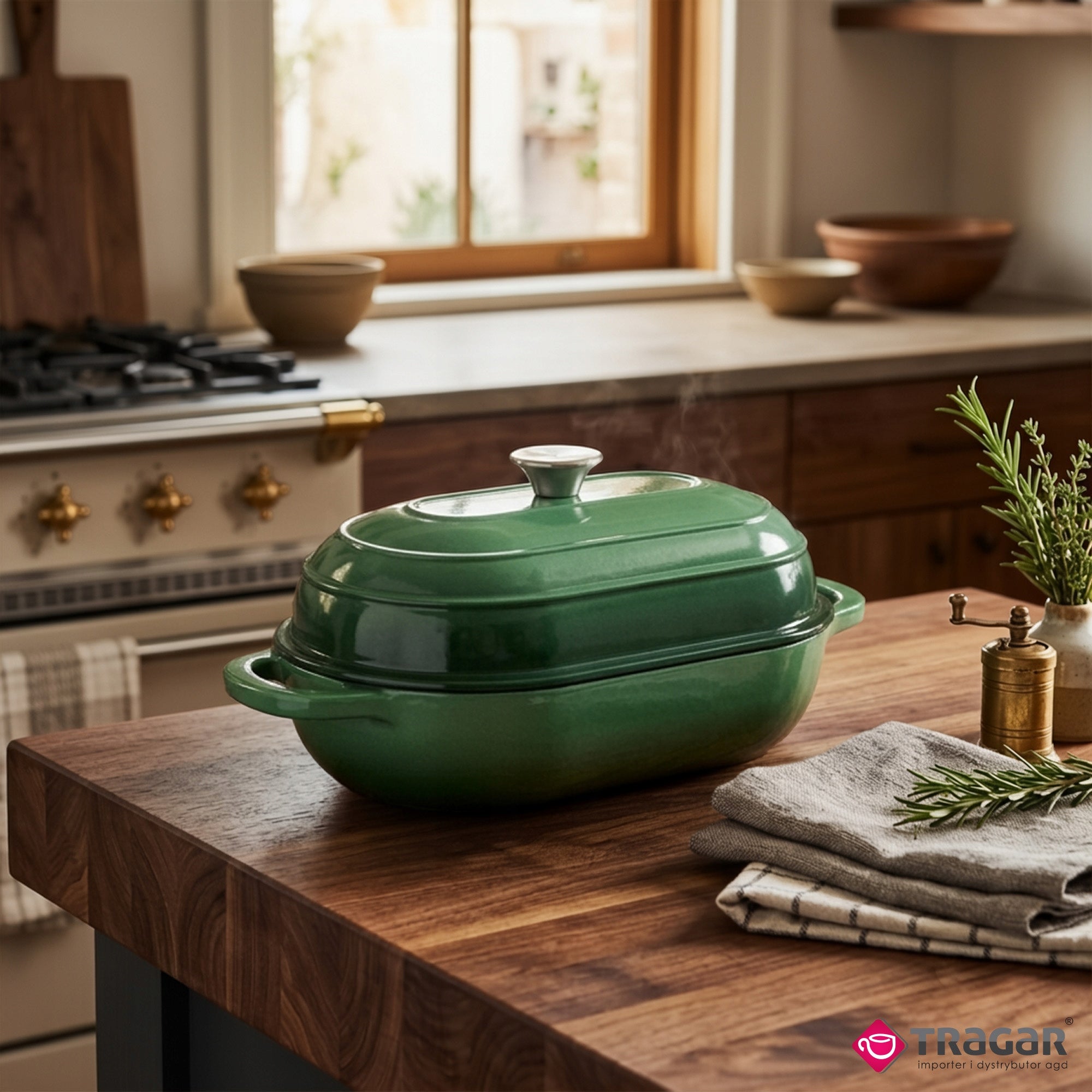 Cast Iron Brittany for Baking 31x20cm Enameled Green with Lid Handles Capacity 2.75 l