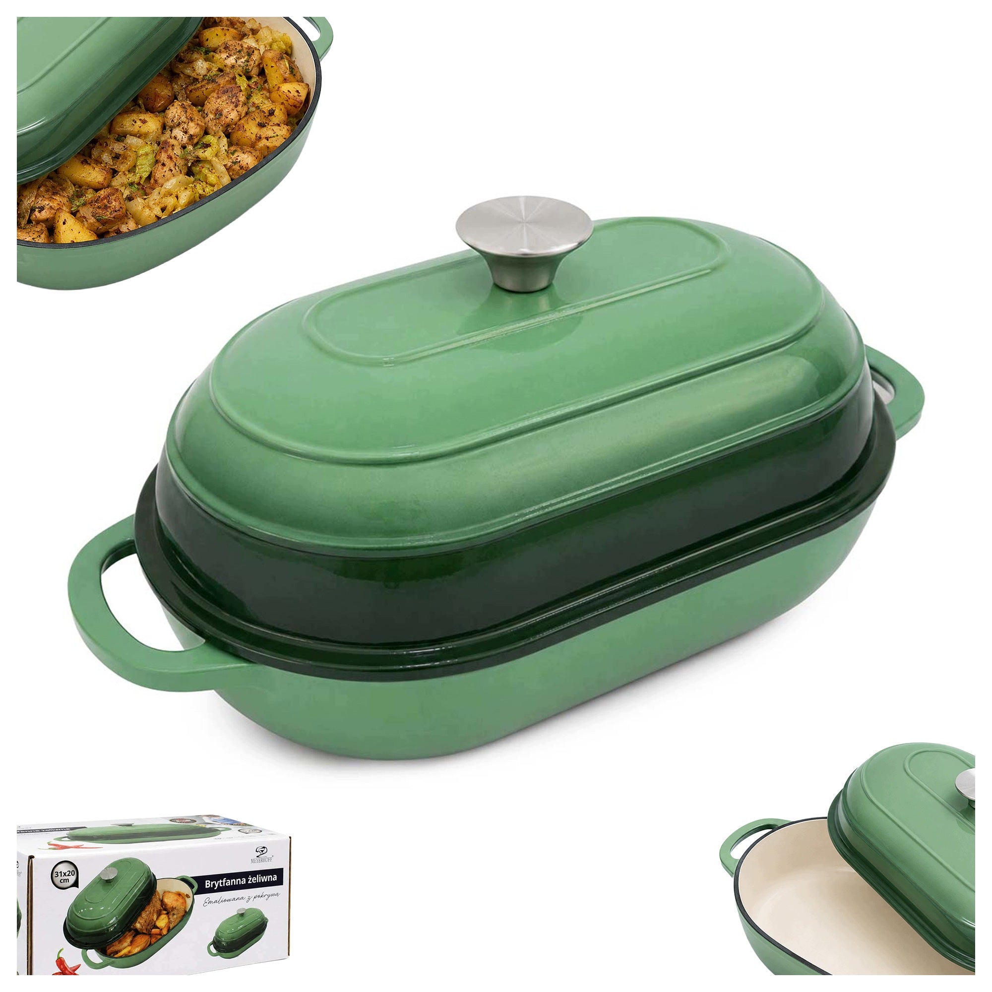Cast Iron Brittany for Baking 31x20cm Enameled Green with Lid Handles