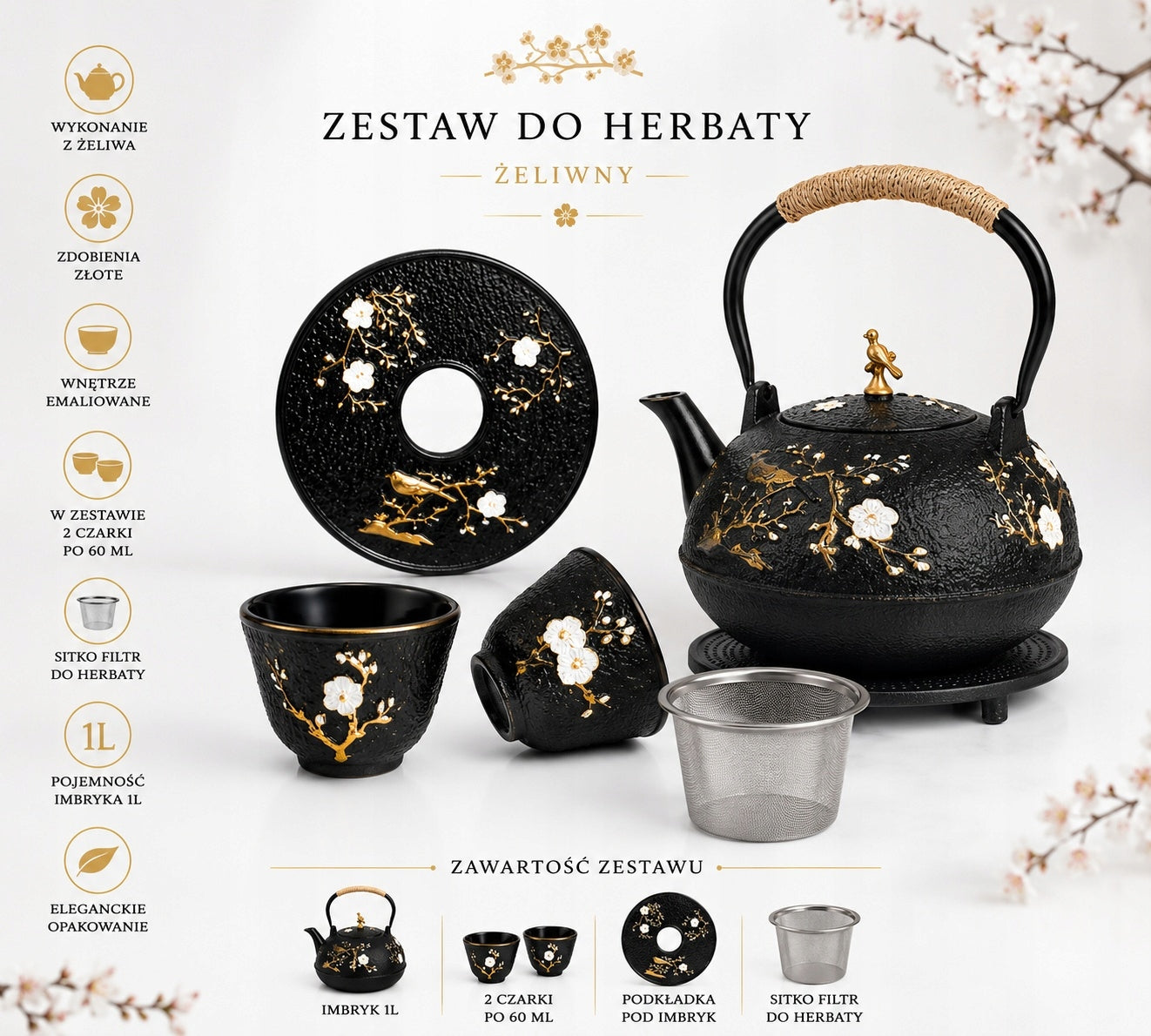 Cast Iron Teapot 1L with 2 Cups 60 ml and Stand Manufacturer code GRA190824