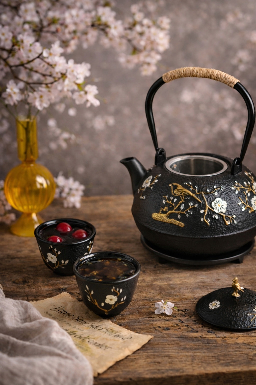 Cast Iron Teapot 1L with 2 Cups 60 ml and Stand Packaging status original