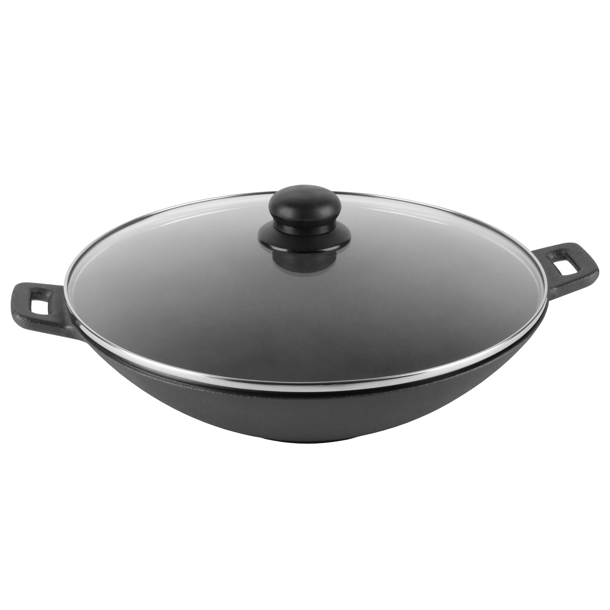 Cast Iron WOK CAST IRON Pan + GLASS LID INDUCTION GAS DEEP 30CM