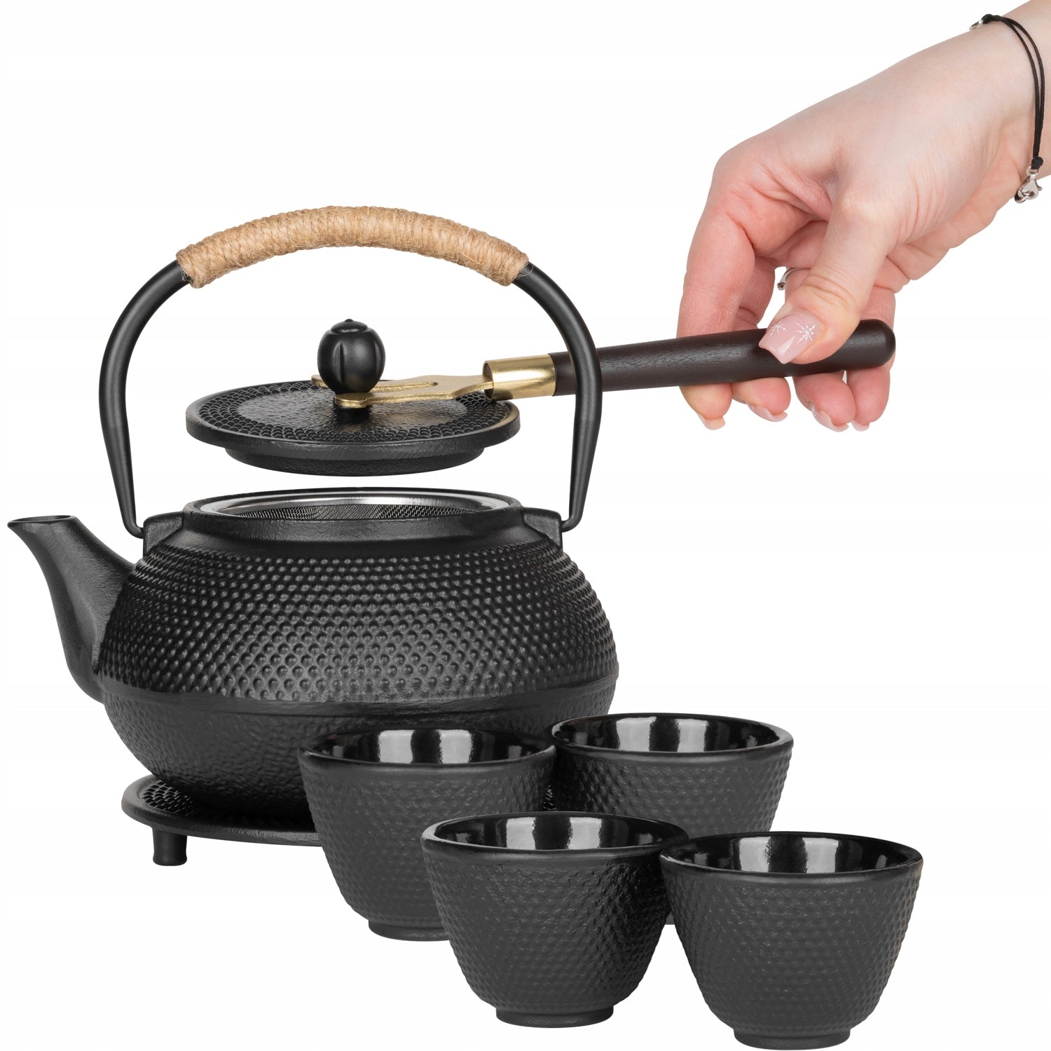 Cast Iron teapot Kettle tea infuser enameled jug 0,9L+4czarki Line Home