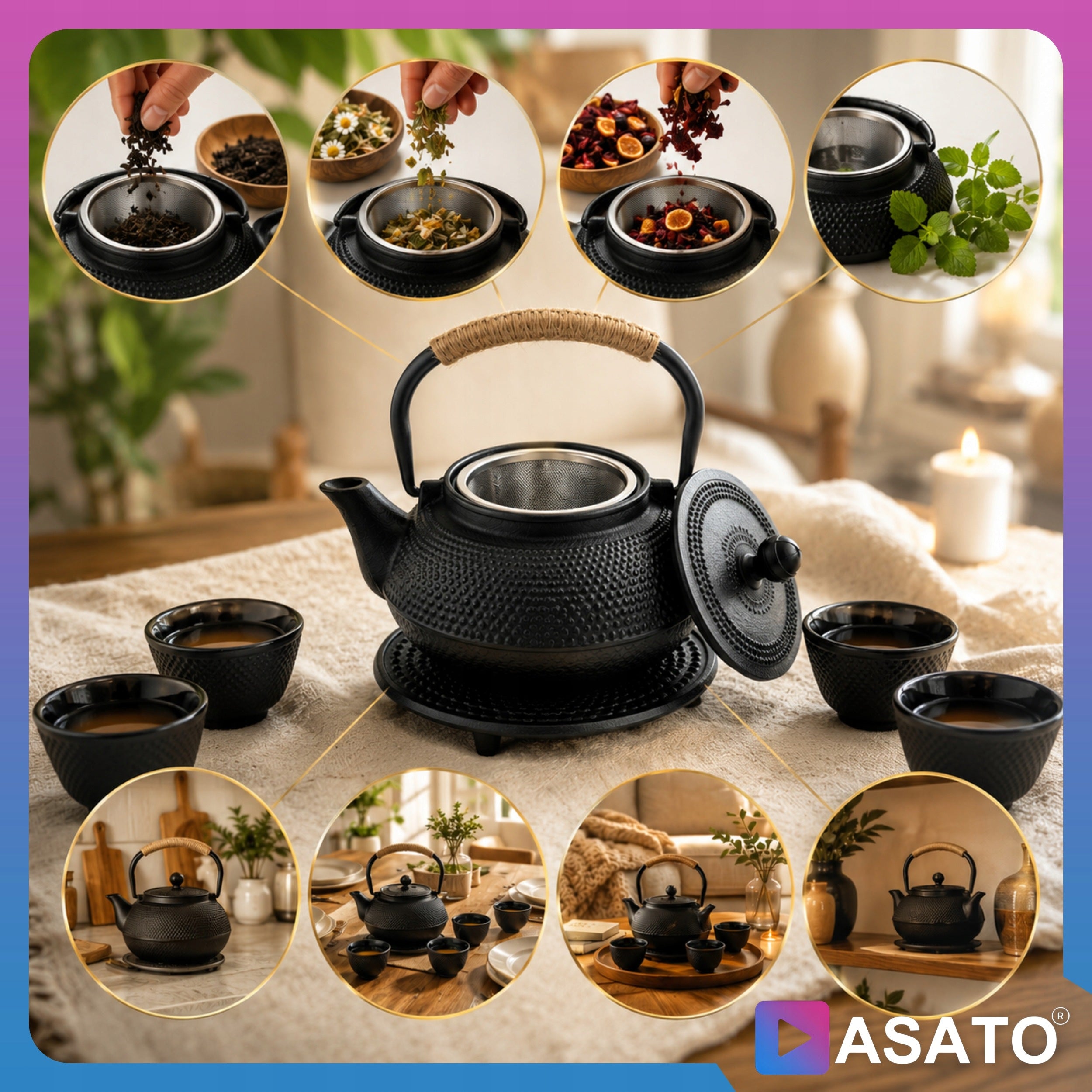 Cast Iron teapot Tea Kettle Black 0,9l Set of 4 Spells Manufacturer code ASATO-IMBRYK4