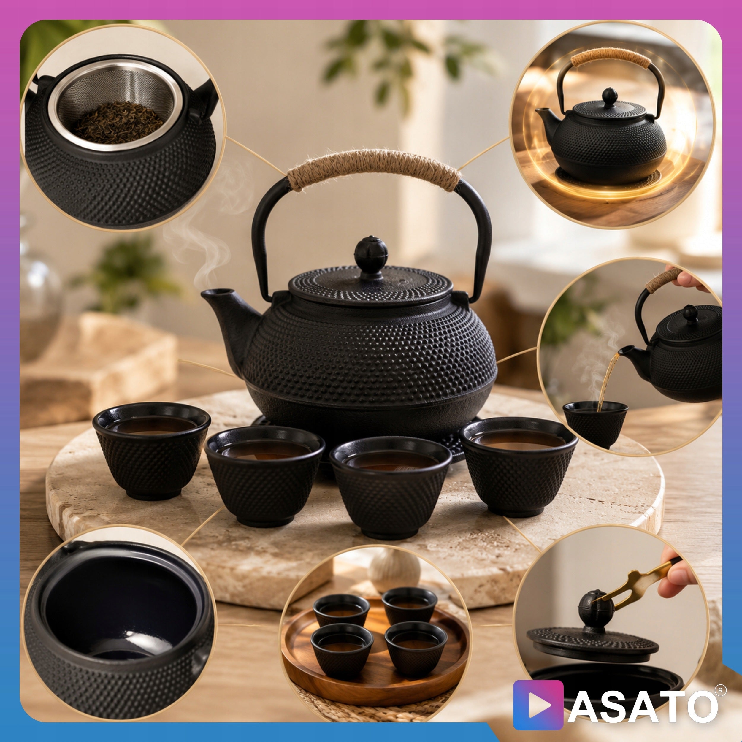 Cast Iron teapot Tea Kettle Black 0,9l Set of 4 Spells Packaging status original