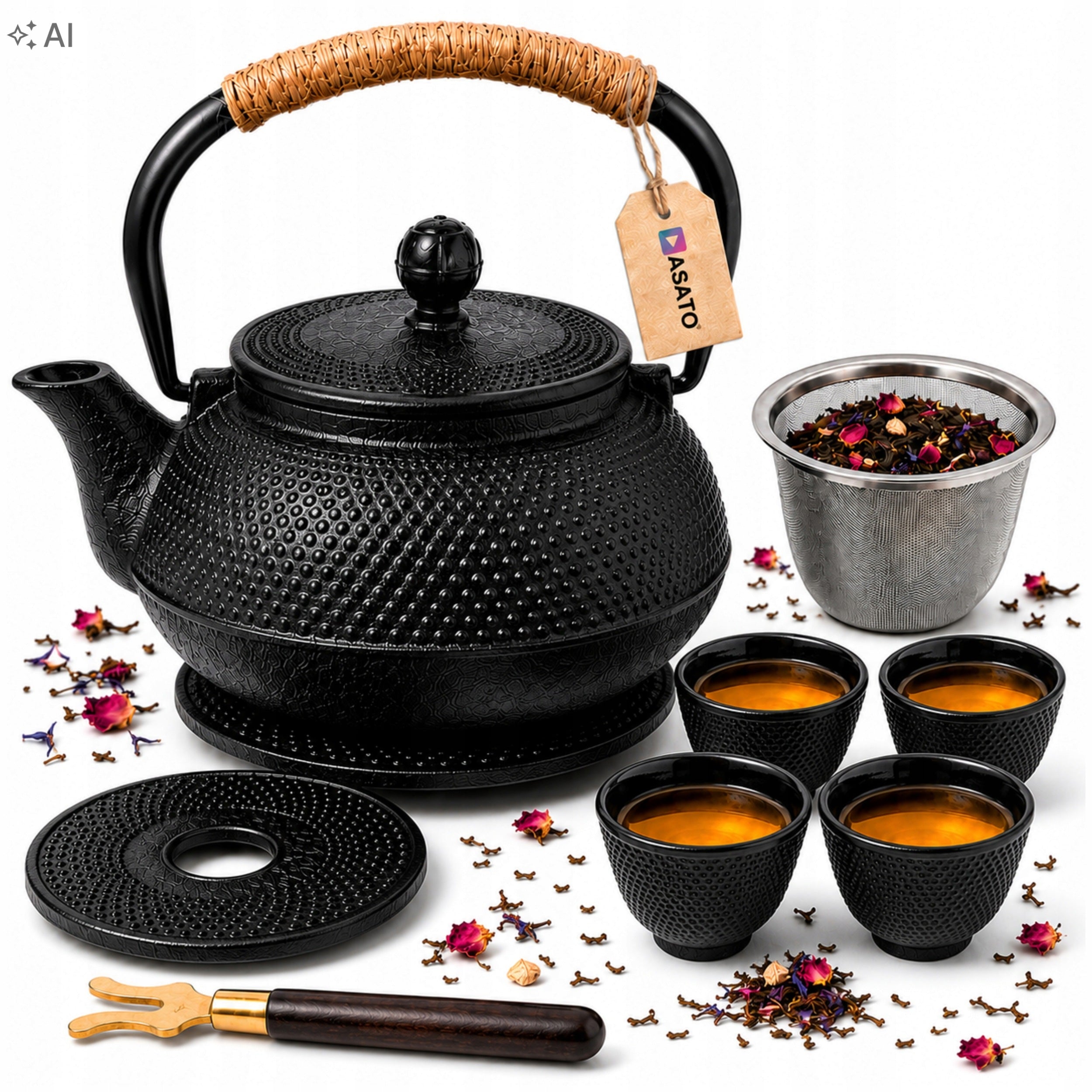 Cast Iron teapot Tea Kettle Black 0,9l Set of 4 Spells