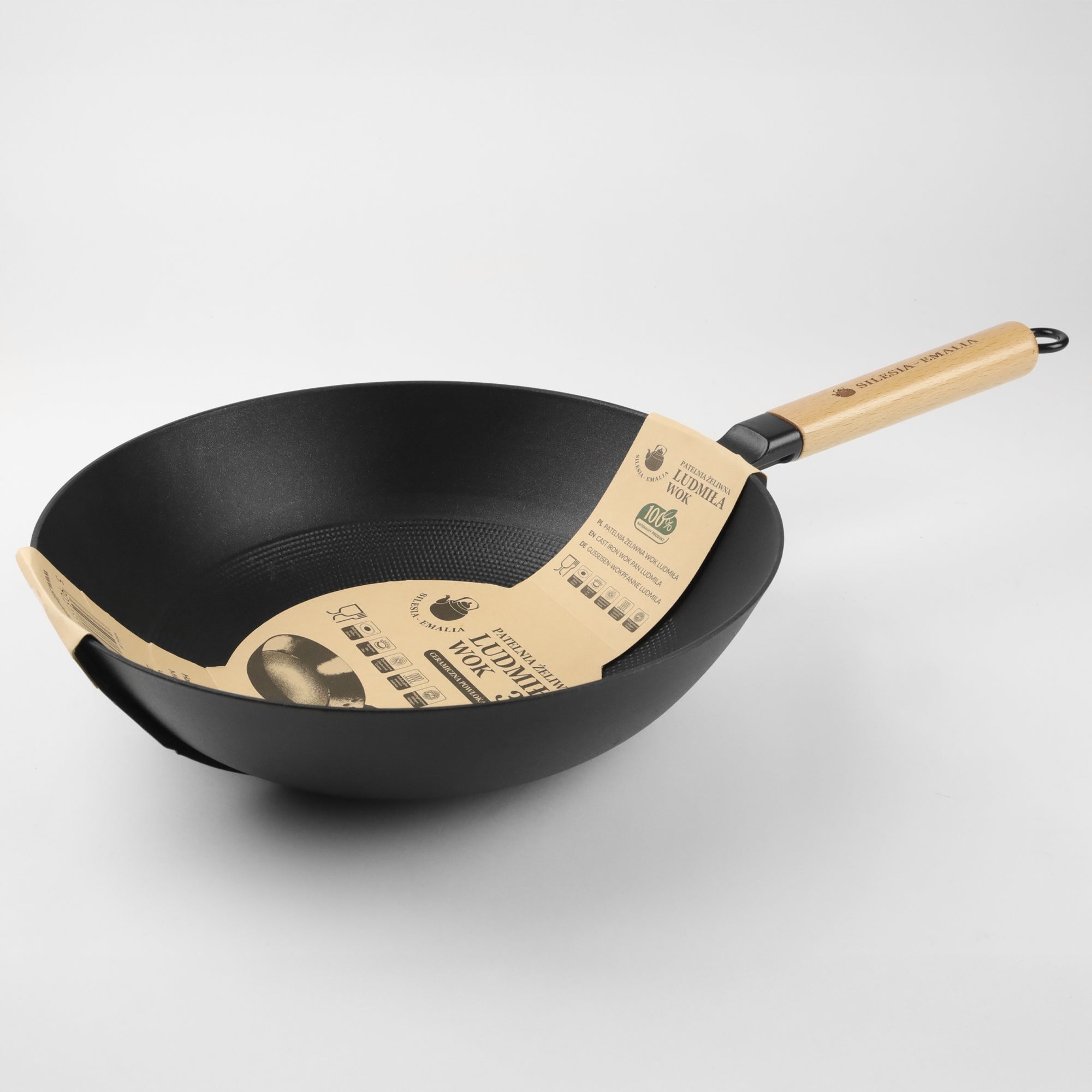 Cast iron pan WOK with wooden handle LUDMIŁA 30cm INDUCTION GAS CAST IRON Brand Silesia Emalia
