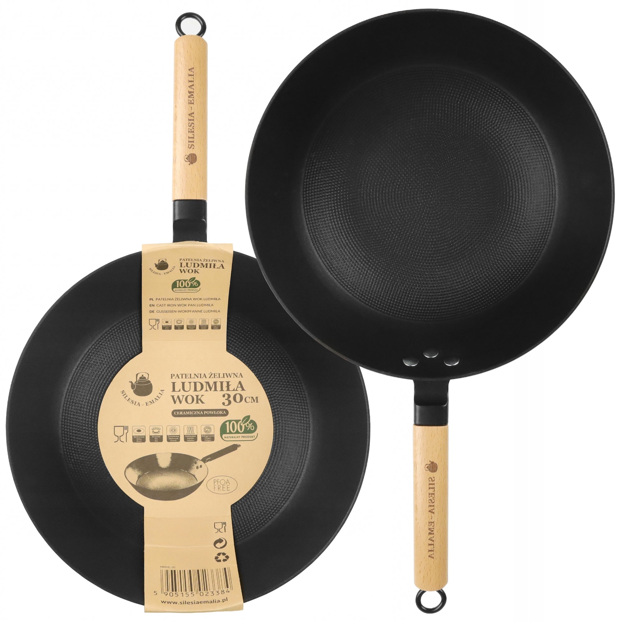 Cast iron pan WOK with wooden handle LUDMIŁA 30cm INDUCTION GAS CAST IRON Manufacturer code 5906358905804