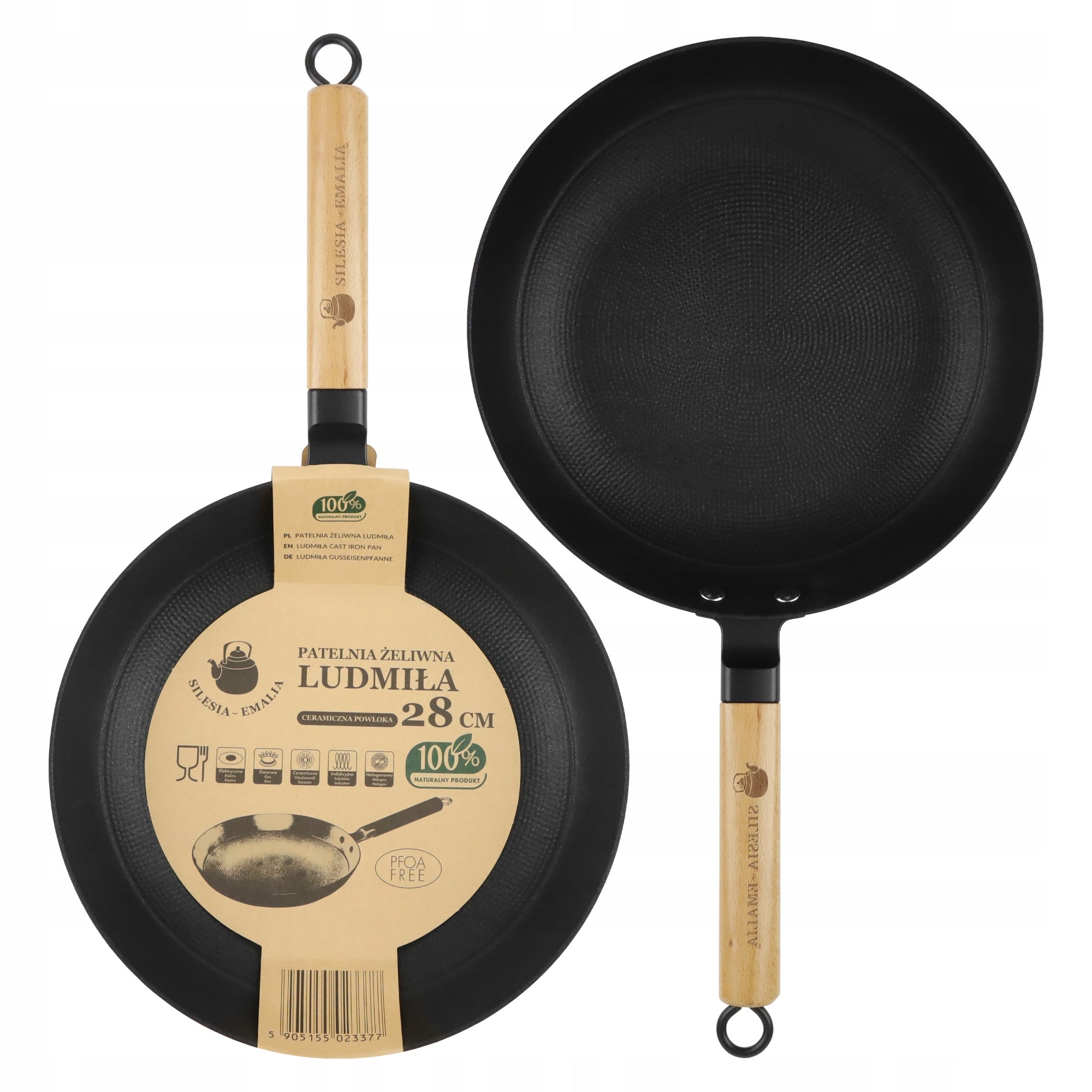 Cast iron pan with wooden handle LUDMIŁA 28cm INDUCTION GAS WITHOUT PFAS Brand Silesia Emalia