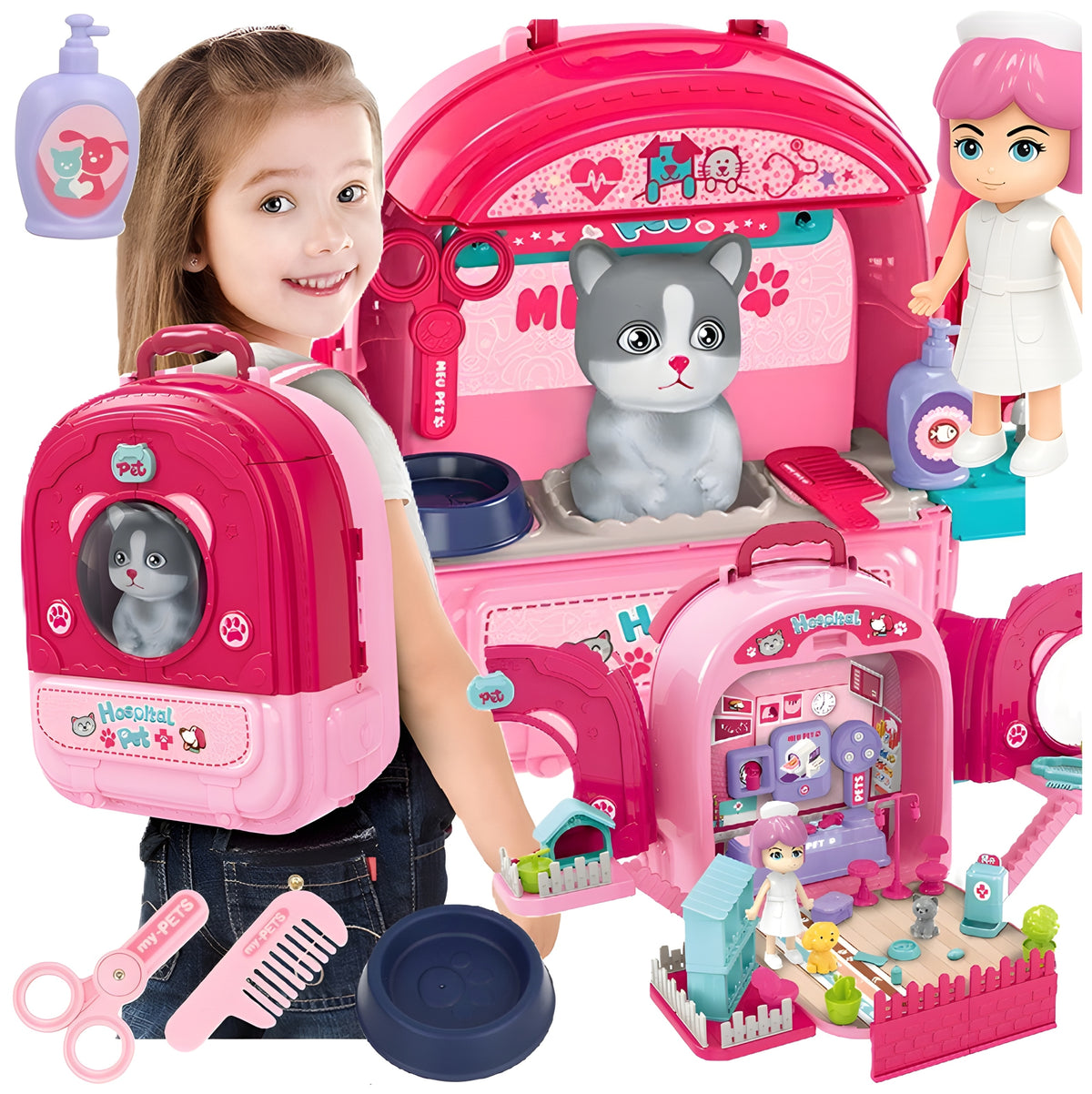 Cat Beauty Salon Animal Clinic Backpack Toy Set 3in1