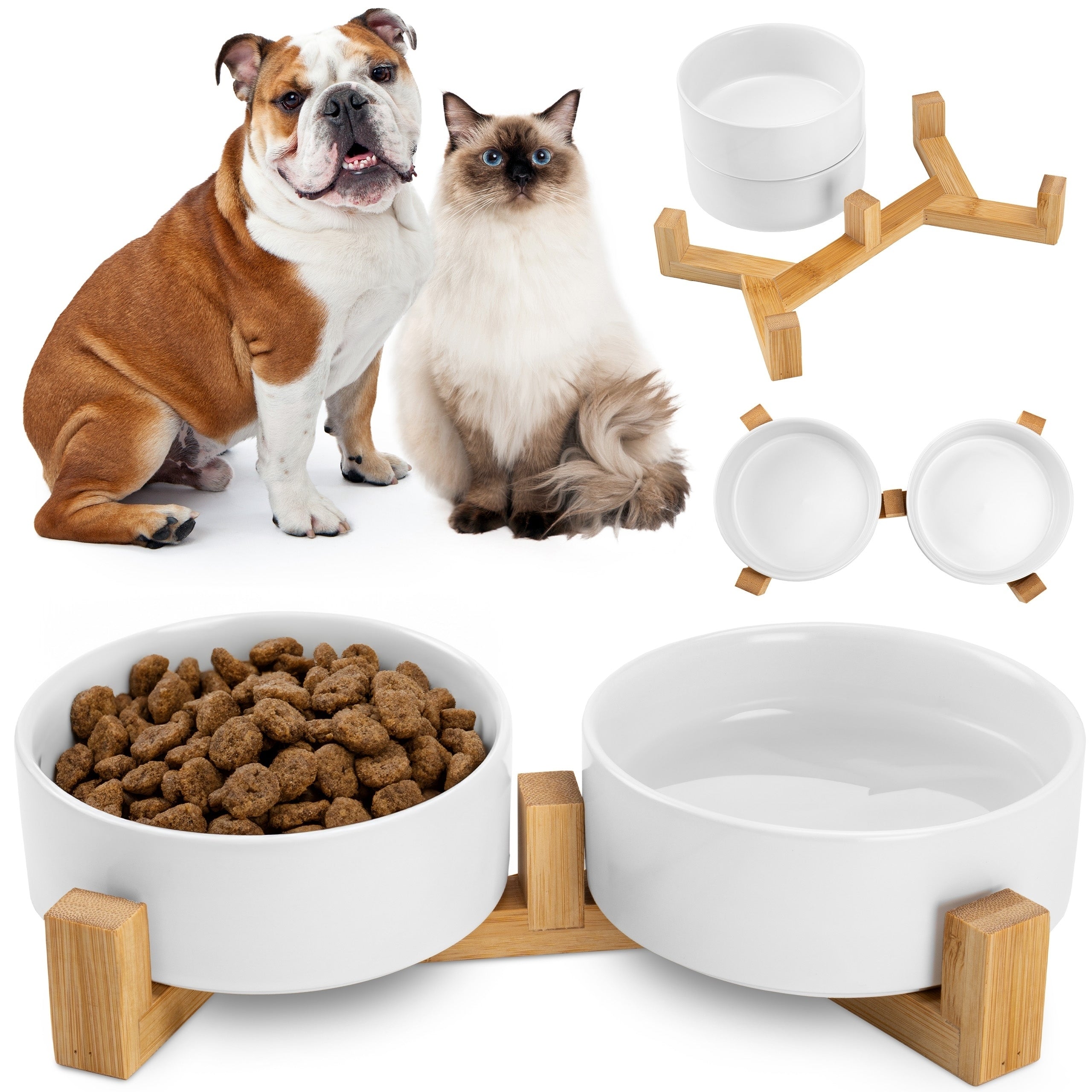 Cat Dog Bowl Double Ceramic Bowls on Stand 2x400ml