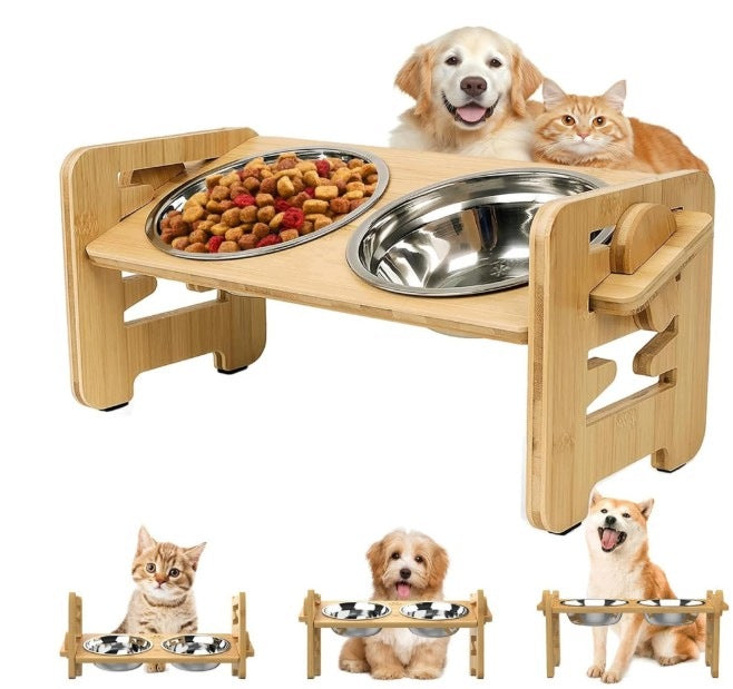 Cat Dog Bowls on Bamboo Stand Adjustable Height 2x500ml