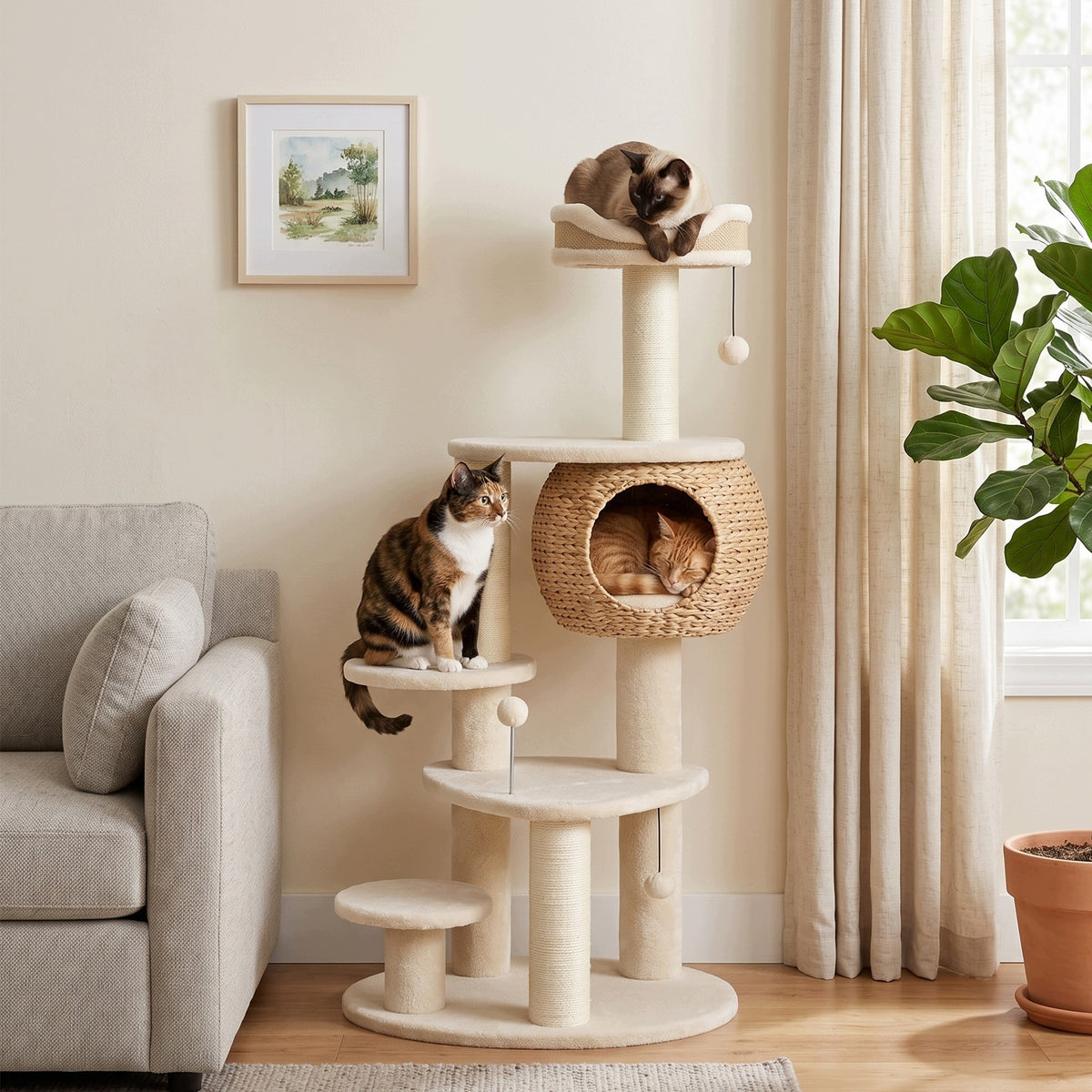 Cat Scratcher 132 cm with Braided Rogożyna Booth and Scratching Posts Packaging status original