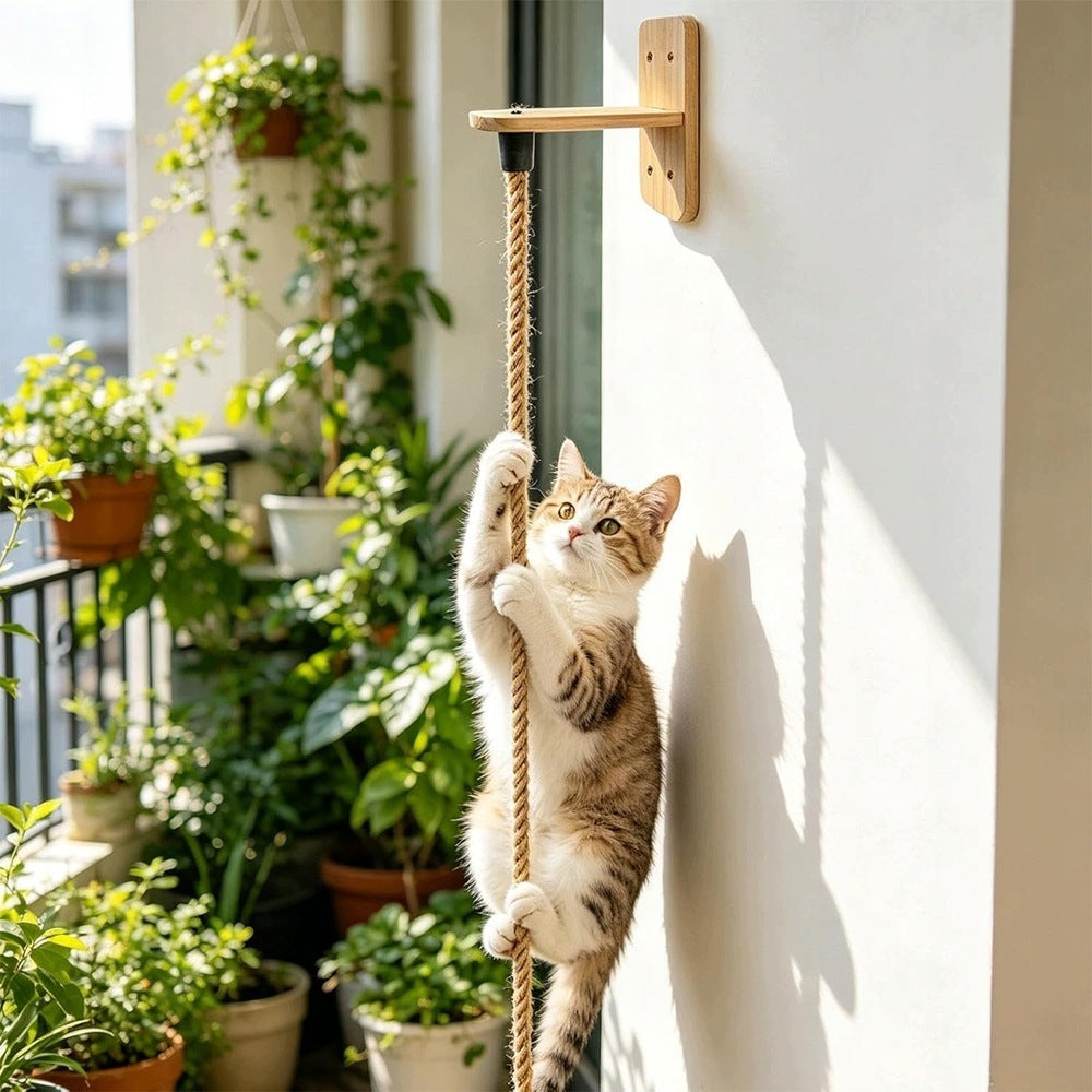 Cat Scratcher Jute Twine Wall Rope 1,3m With Wooden Brackets Brand Bedee