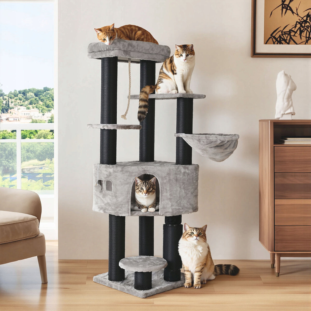 Cat Scratching Post, Cat Tree, Large Platforms, 50 x 50 x 157 cm, Grey Packaging status original