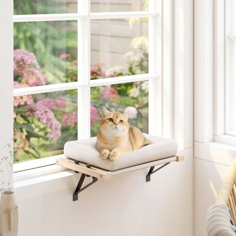 Cat bed for window sill heater wooden frame cream Length 36 cm
