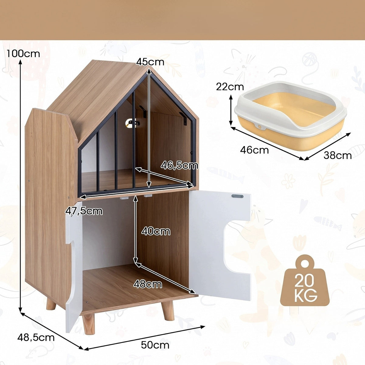Cat cabinet with space for litter box Cat shelf articles with litter box Length 50 cm