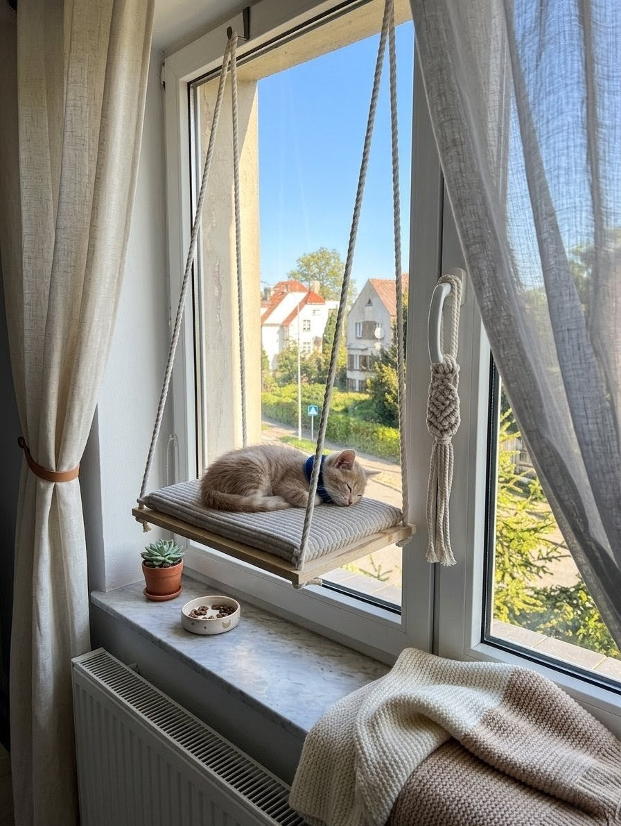 Cat hammock for window. PREMIUM.Materacyk Corduroy Fastening.SET XL. 60cm Manufacturer code HAM-SZT-BEŻ-60X30-PREMIUM