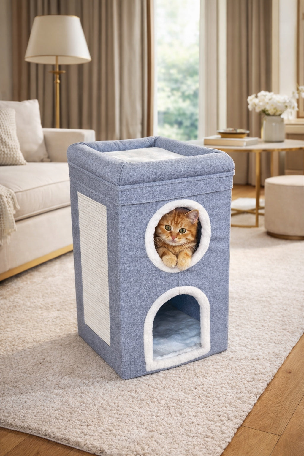 Cat house with scratching post and bed bedding grey tower booth 3 levels Manufacturer code PH-08
