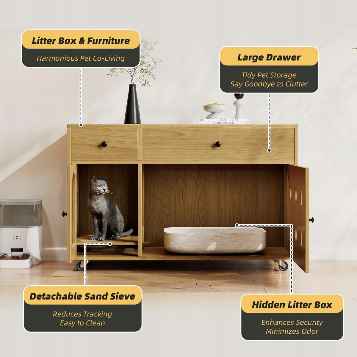 Cat litter box, natural wood, yellow, 100x45x66 cm Length 100 cm
