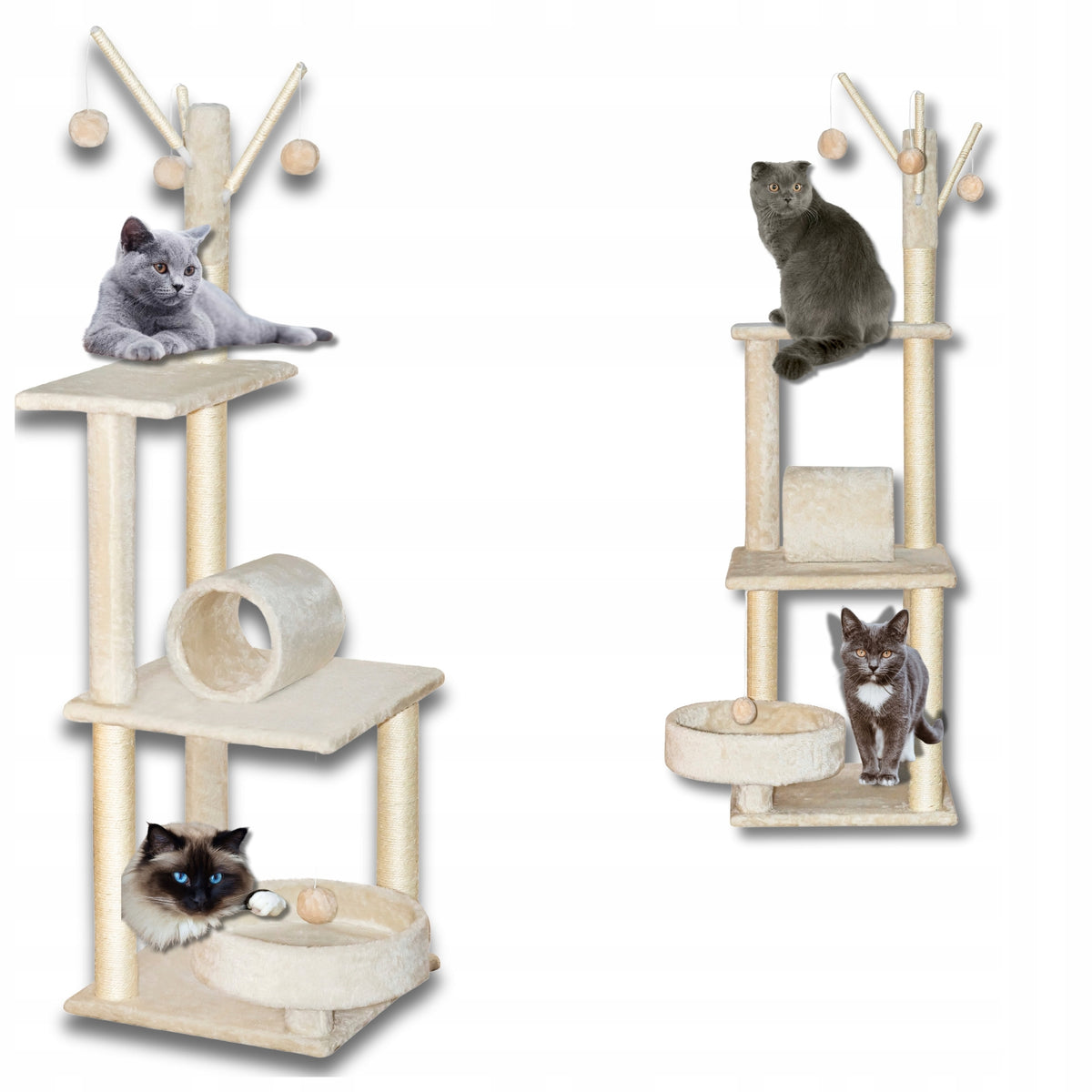 Cat scratcher Tomi 130 cm beige, 5 levels, 4 balls, roller