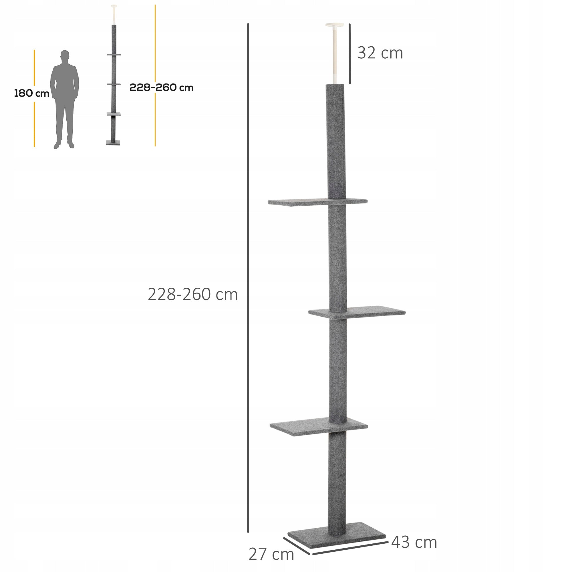 Cat scratcher, climbing tree, height adjustable, 43x27x228-260cm Trade name Drapak sufitowy