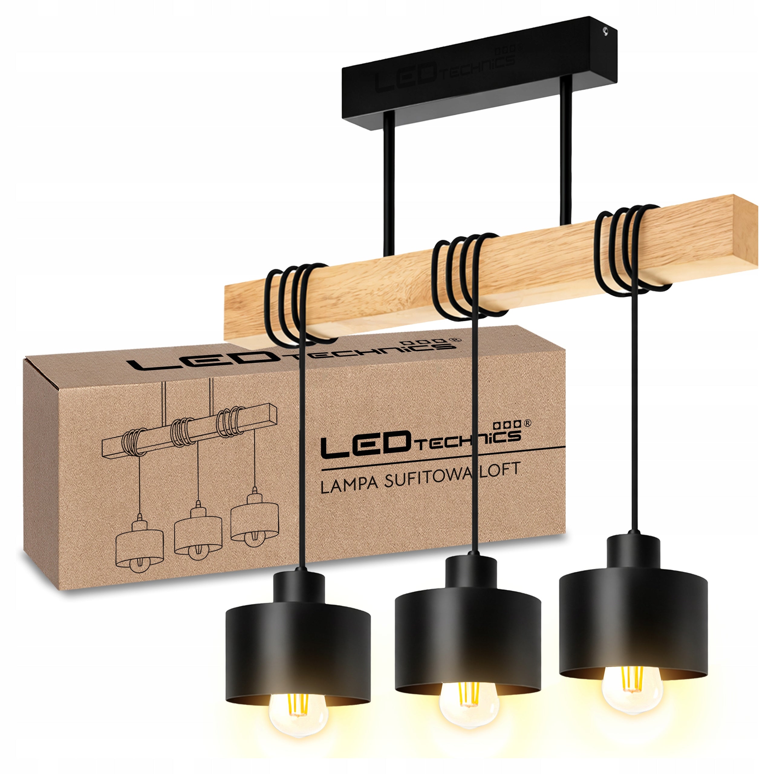 Ceiling Hanging Lamp Black Modern LOFT Chandelier Wood for 3x E27