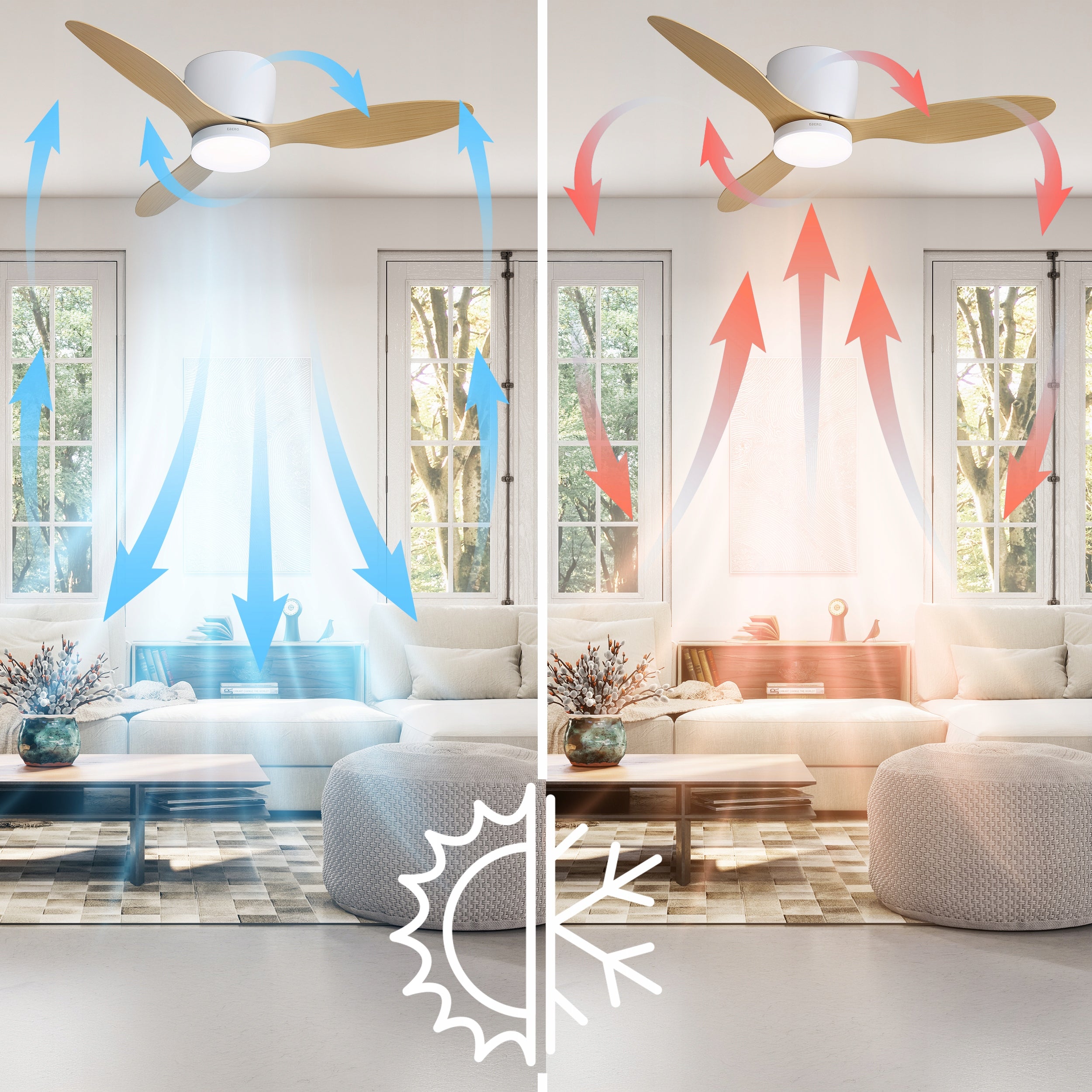 Ceiling lamp LED fan chandelier EBERG ARX 106cm+pilot 6 speeds quiet Manufacturer code Wentylator lampa naturalne drewno TIMER DC XL