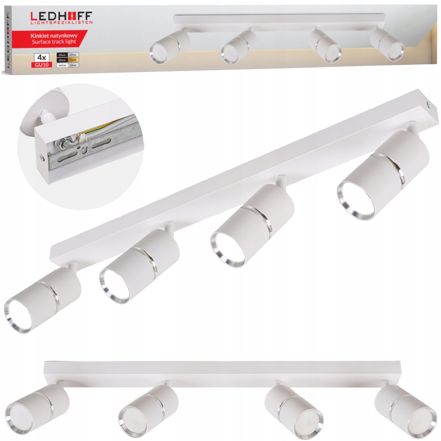 Ceiling lamp LED rail SPOT halogen fixture 4x GU10 TUBE WHITE silver