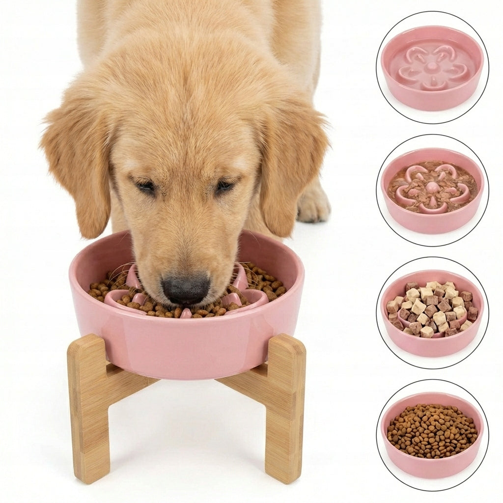 Ceramic Cat Dog Food Slowing Bowl Wooden Stand Packaging status original
