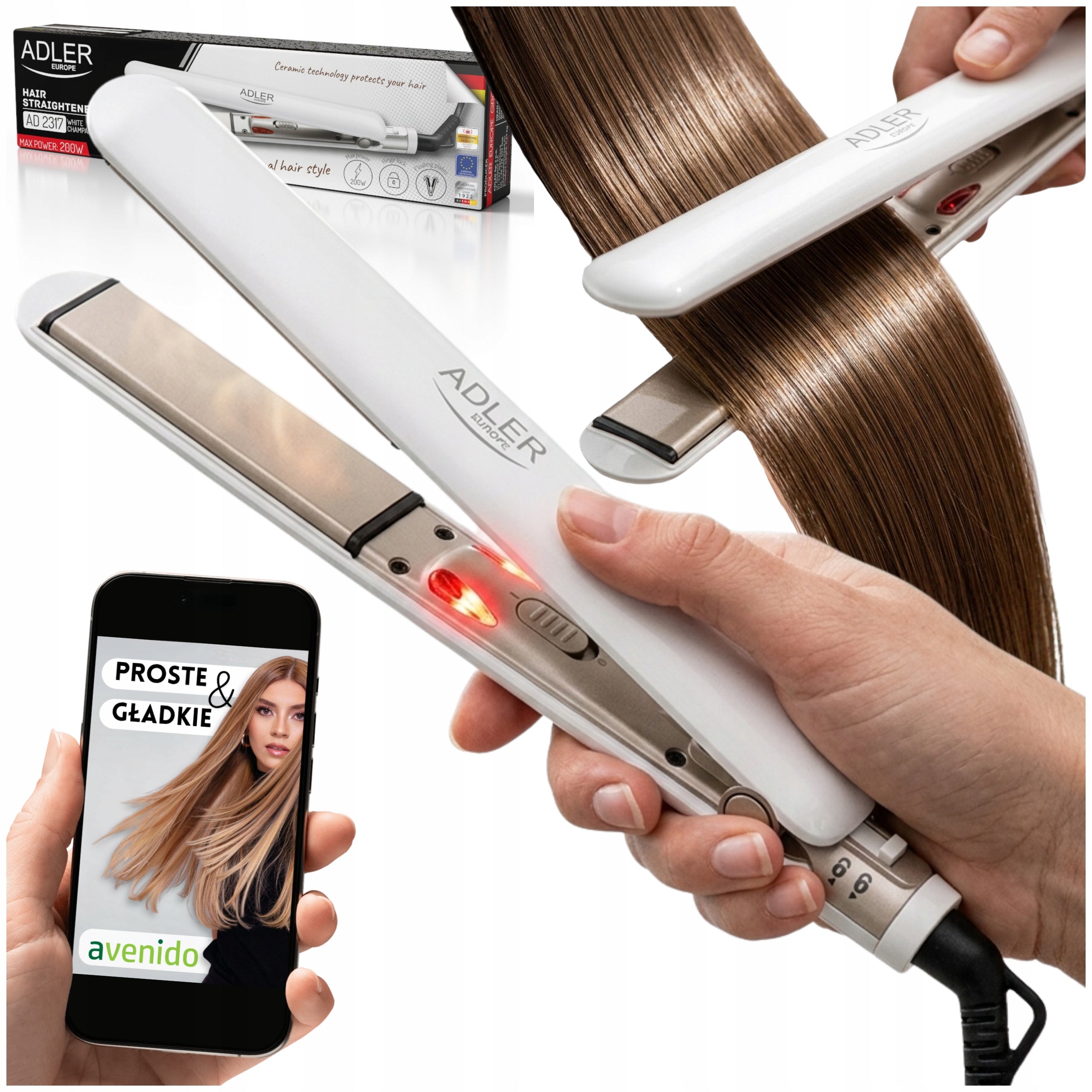 Ceramic Hair Straightener 25x90mm STRONG 200W Movable Plates Adler