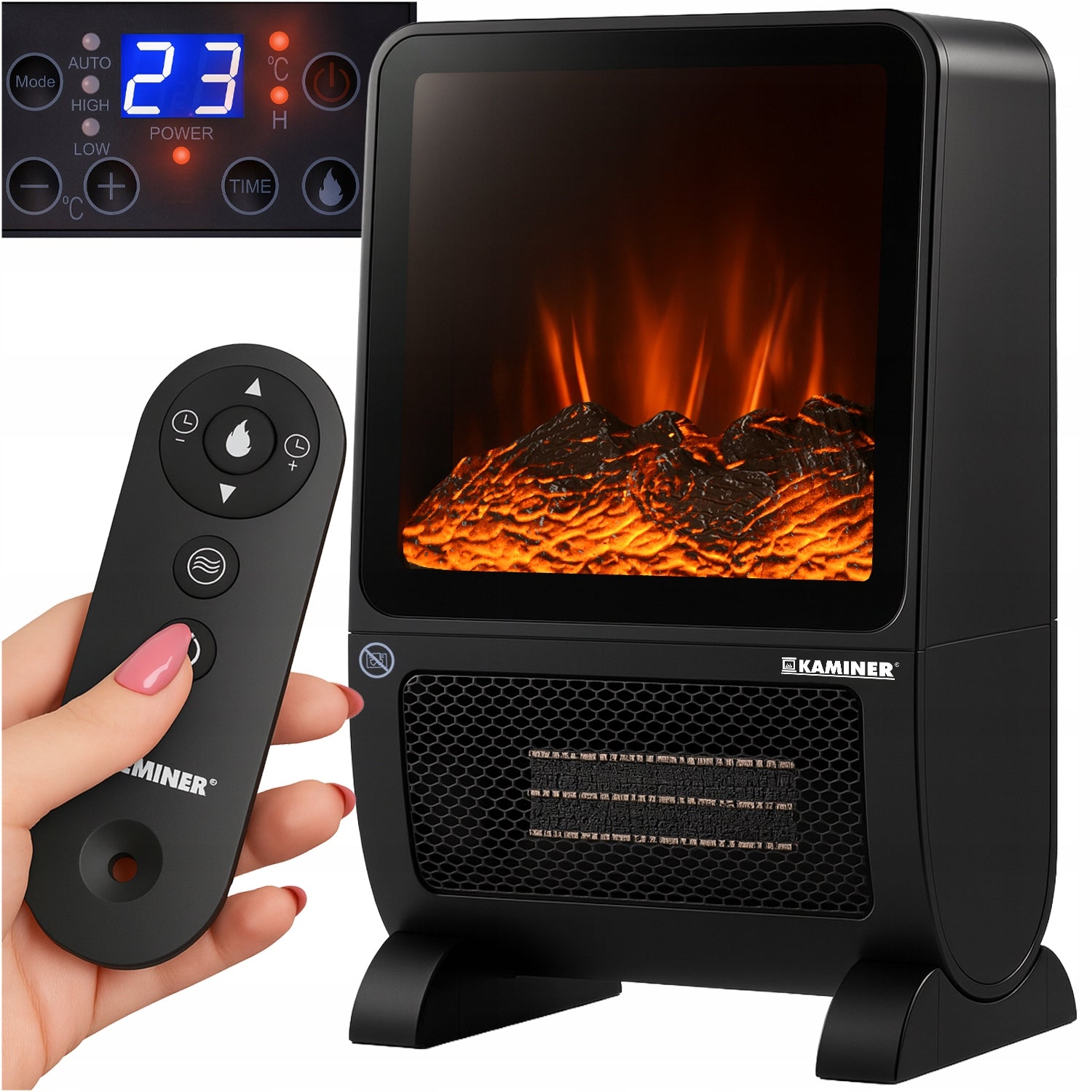 Ceramic Heater Kaminer Electric with Fireplace Effect 3D Timer 8h Remote Control
