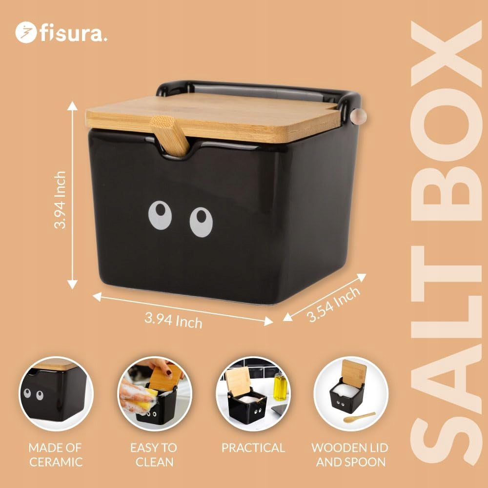 Ceramic Salt shaker with spoon Black with lid Square 680 ml Brand Fisura