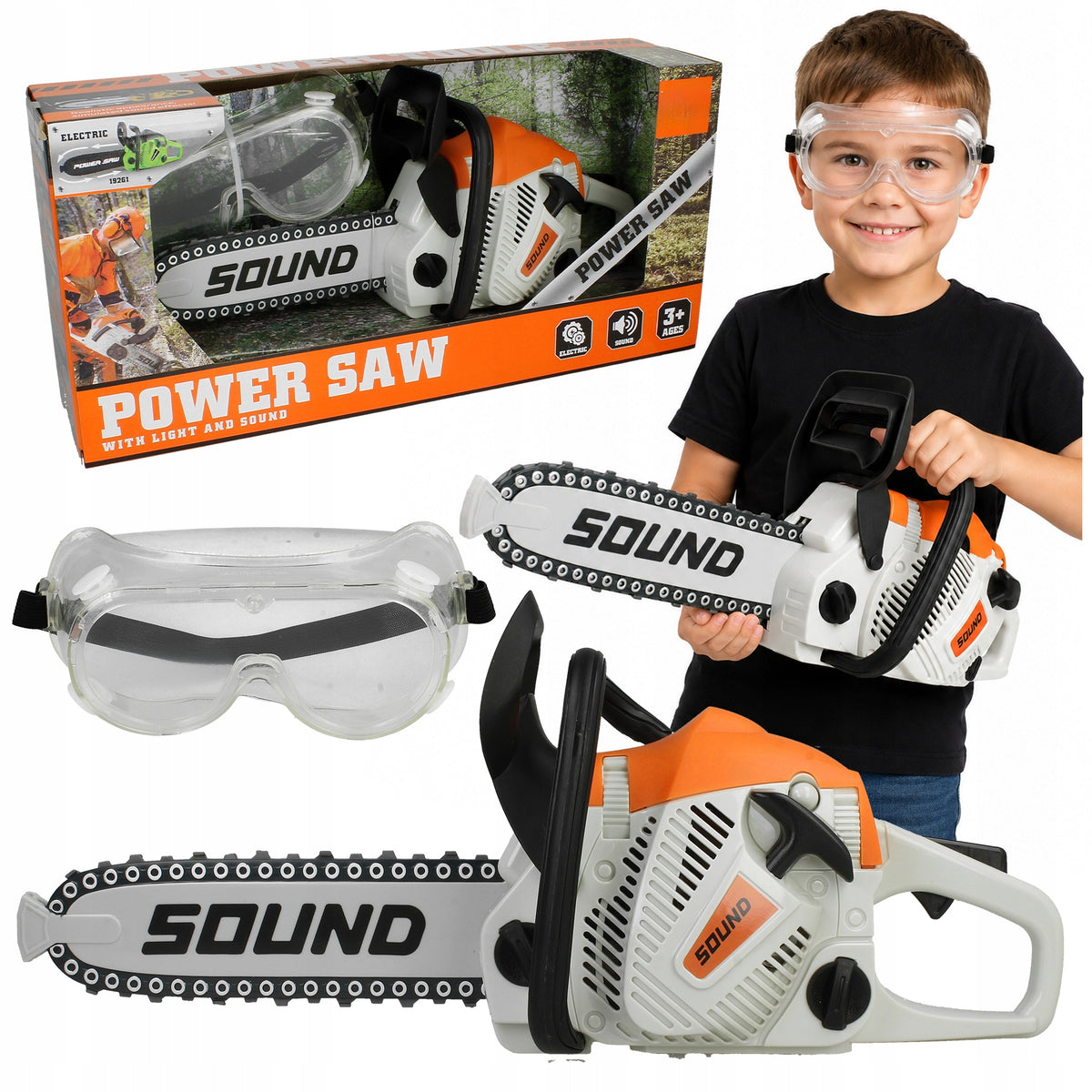 Chainsaw Combustion Mechanical Motor Saw for Kids + Glasses Packaging status original