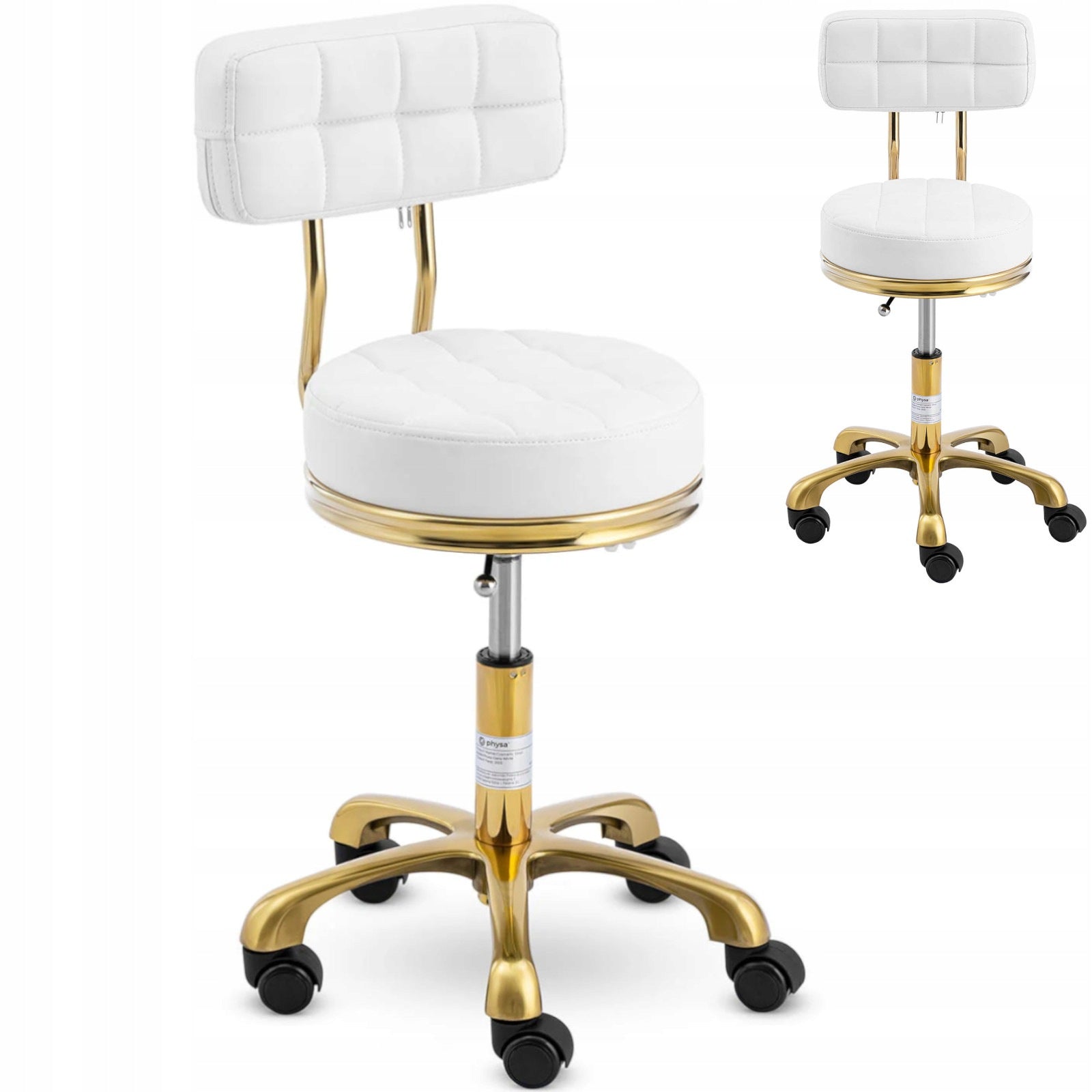 Chair stool cosmetic stool with backrest on wheels up to 150 kg GELA white
