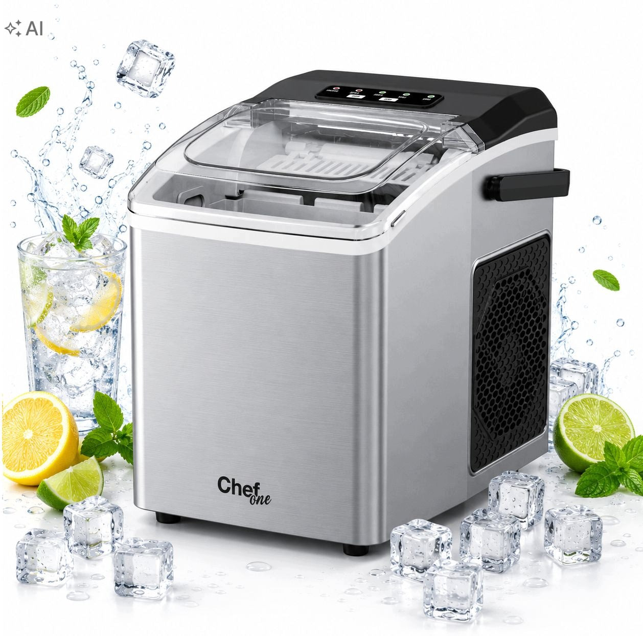 ChefOne fast ice maker 9 cubes homemade ice 24h efficient 36GW steel
