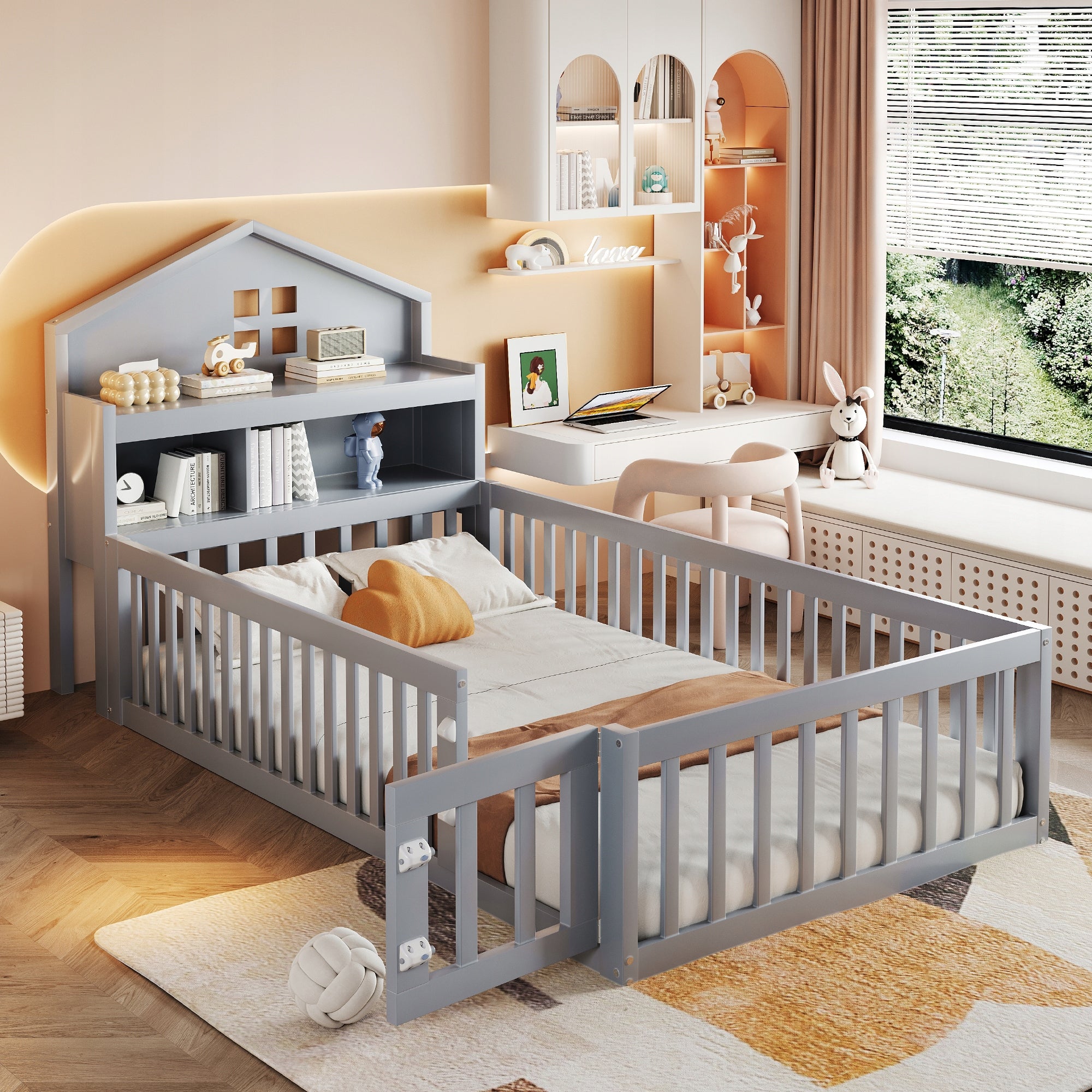 Children's 90x200 cm Bed with Wooden Frame, Storage Space, and Safety Rails