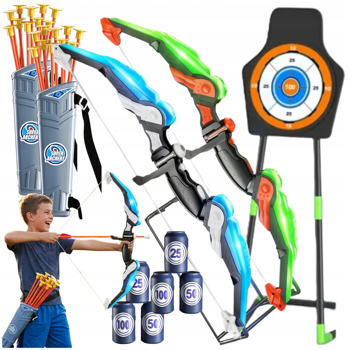 Children's Bow 2X Glowing LED 20 Shot Shield Target Quiver Can Set