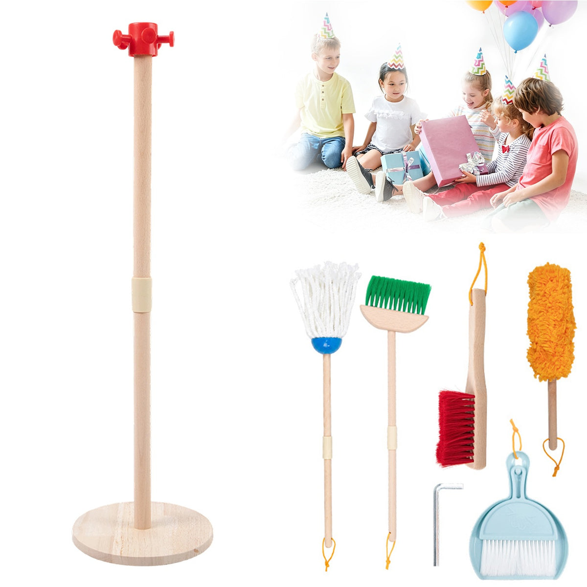 Children's Cleaning Set Wooden, Broom, Mop, Drawer, Stand 3+