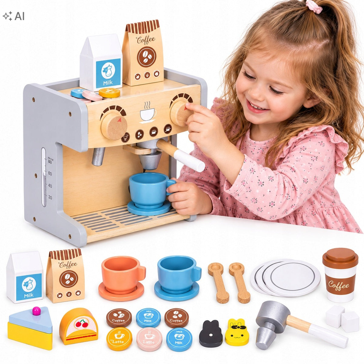 Children's Coffee Maker Wooden 2in1 Shop Barista Set Accessories