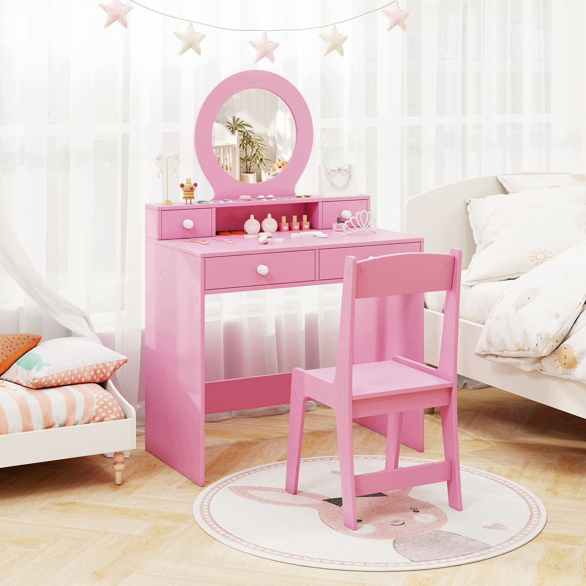 Children's Dressing Table Children's Dressing Set with Mirror and Chair Pink Brand Costway