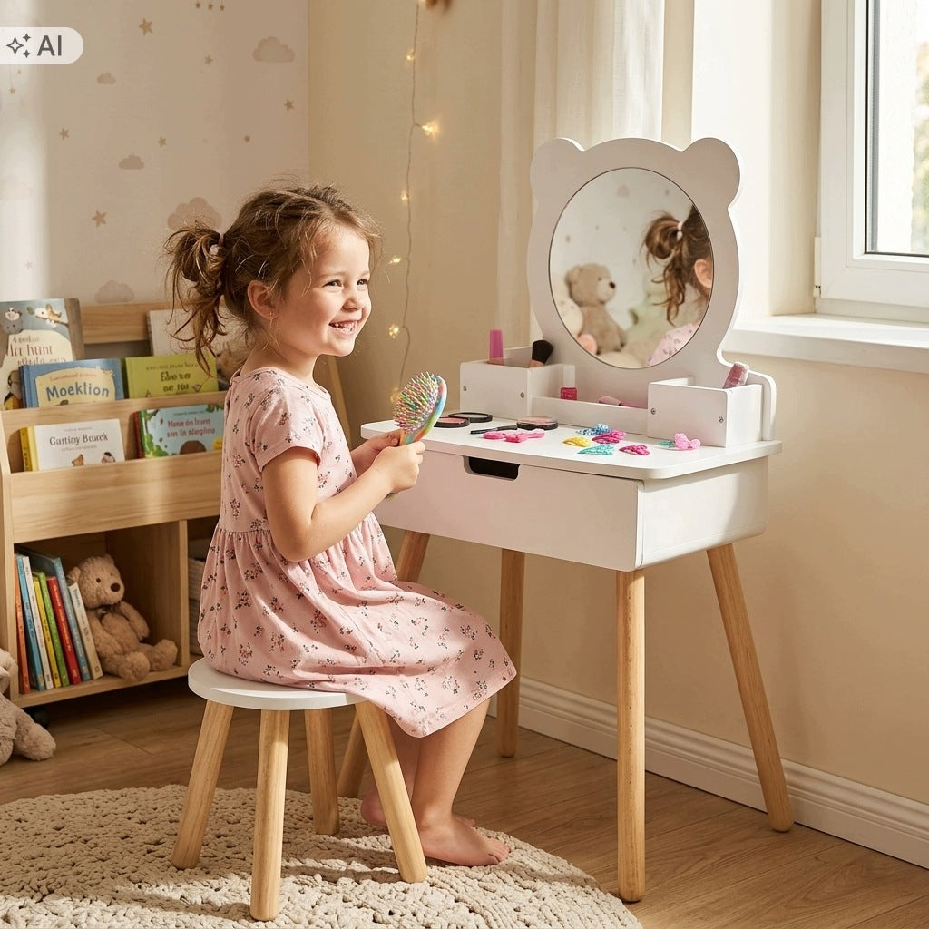 Children's Dressing Table With Mirror Stool 50cm For Girls Wooden White Manufacturer code Z Lustrem Taboretem 50cm Drewniana Biała